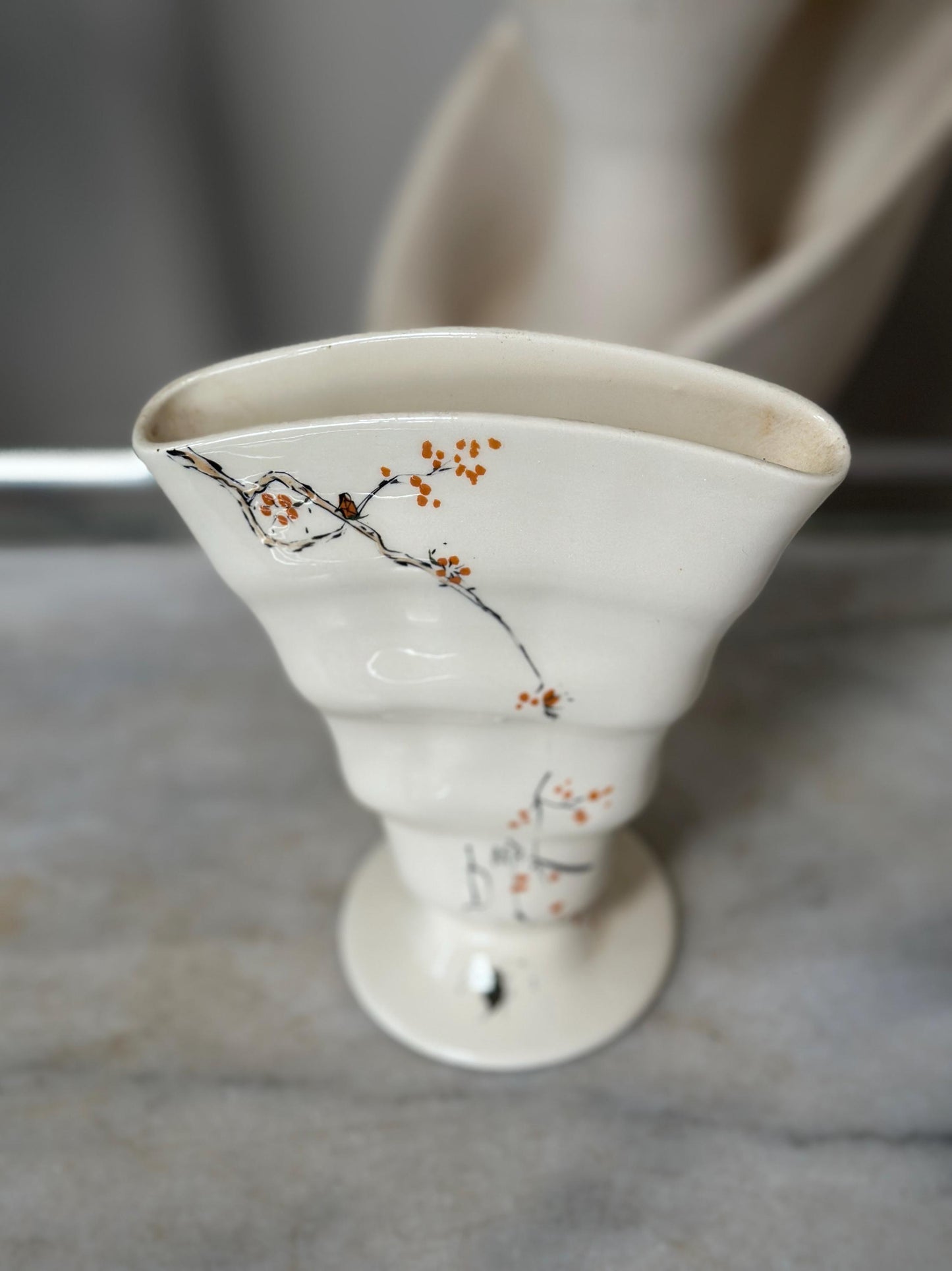 Baatz USA Hand-Painted Ceramic Vase – Orange Floral Branch Pedestal 6” Tall