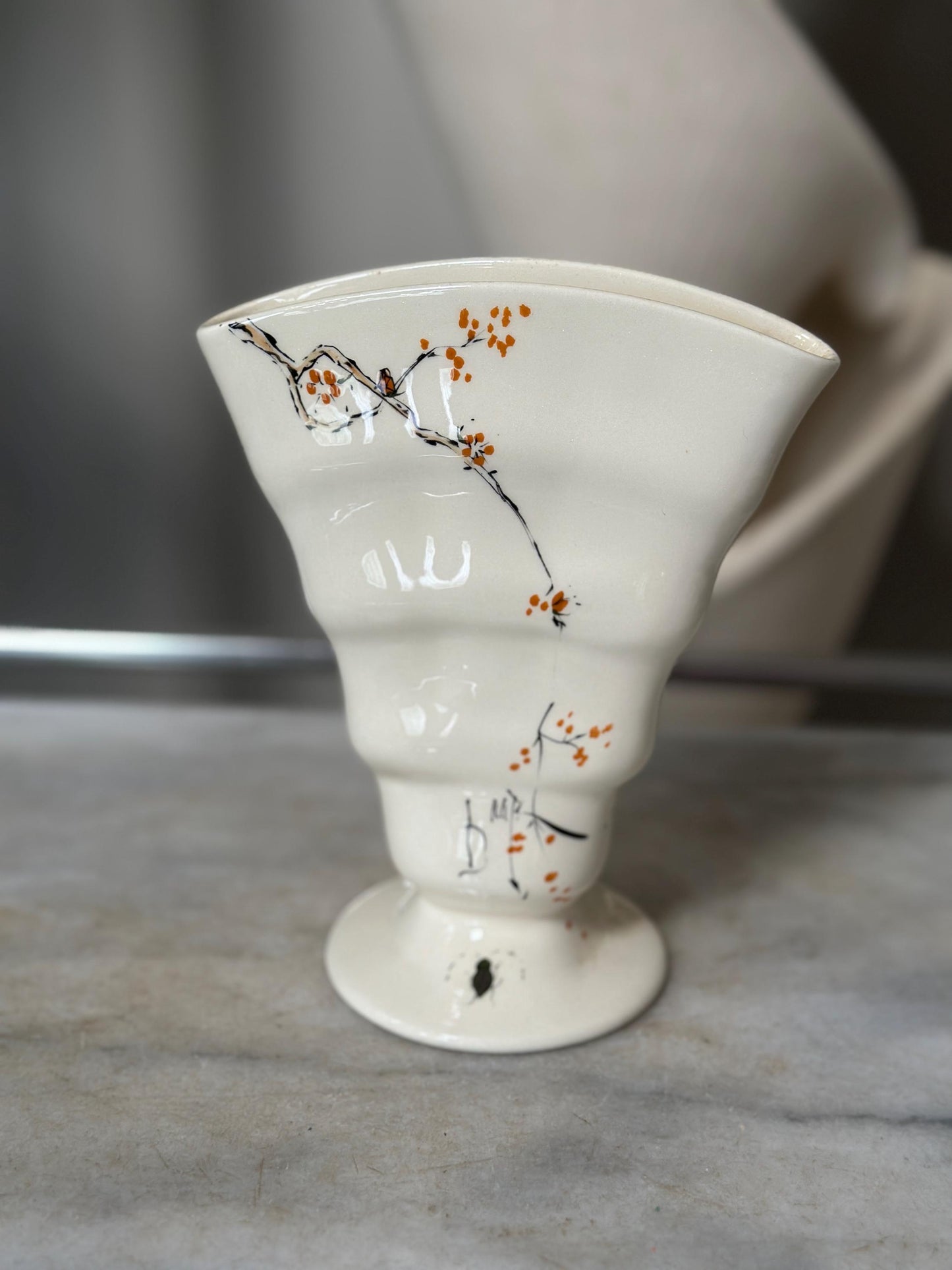 Baatz USA Hand-Painted Ceramic Vase – Orange Floral Branch Pedestal 6” Tall