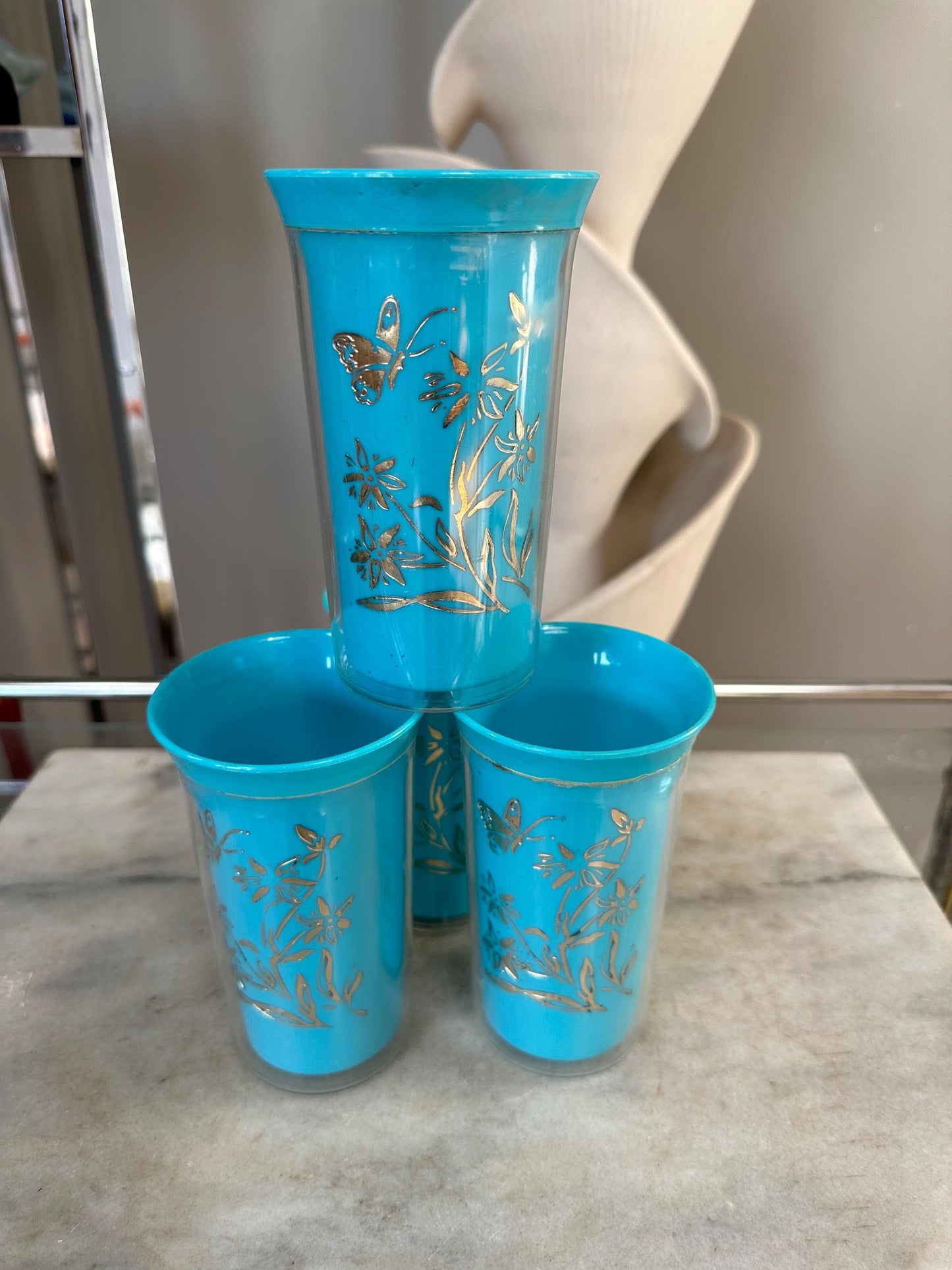 Vintage Insulated 4 Tumblers Plastic Mid Century Blue Floral & Butterflies