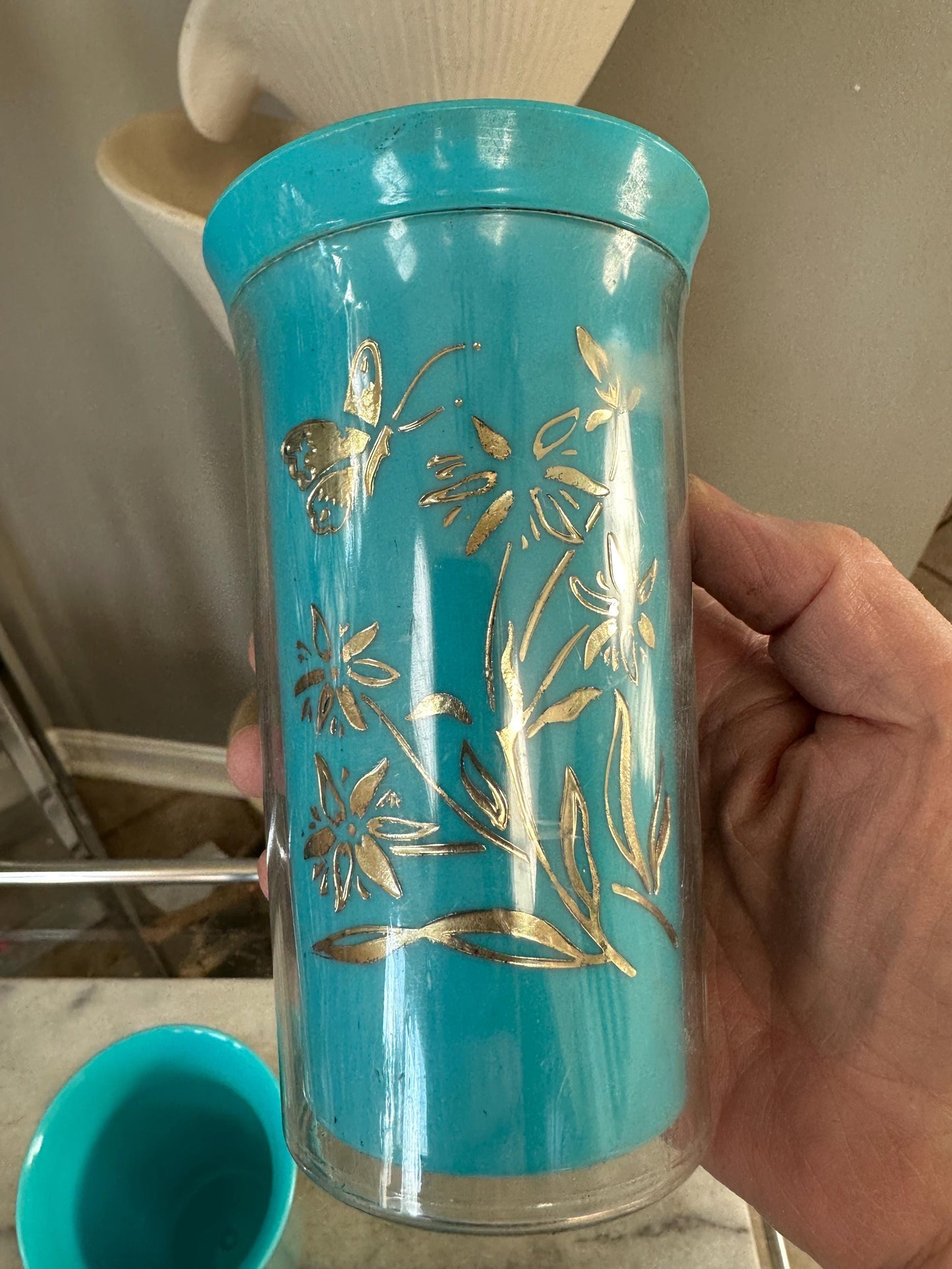 Vintage Insulated 4 Tumblers Plastic Mid Century Blue Floral & Butterflies