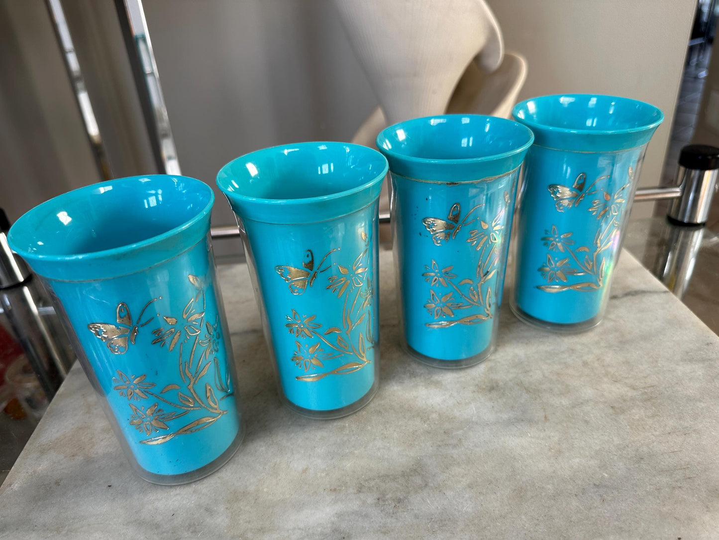Vintage Insulated 4 Tumblers Plastic Mid Century Blue Floral & Butterflies