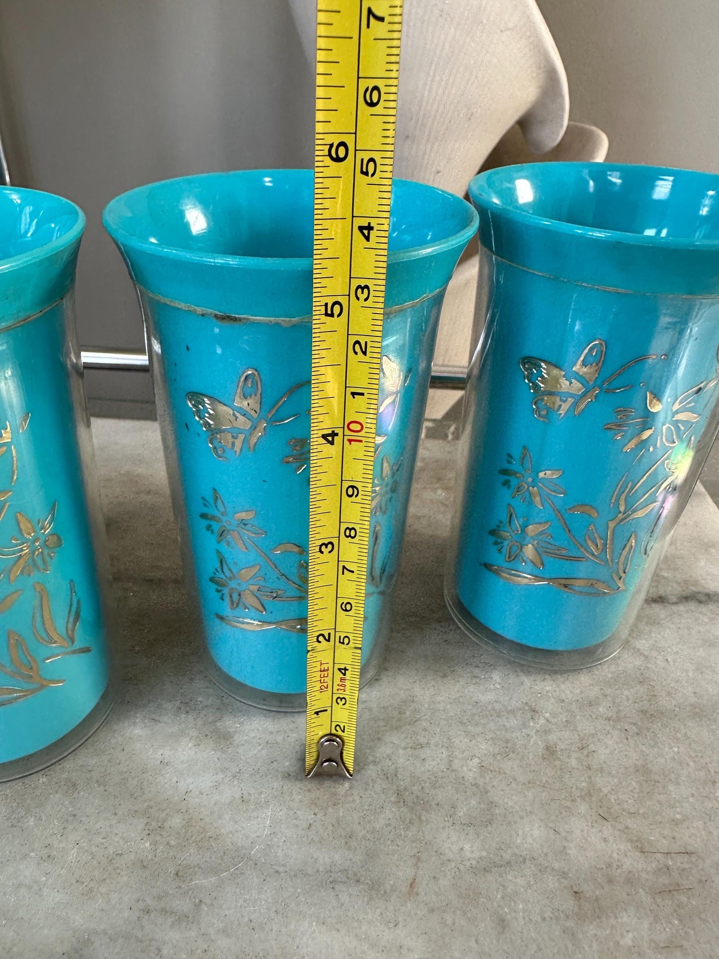 Vintage Insulated 4 Tumblers Plastic Mid Century Blue Floral & Butterflies