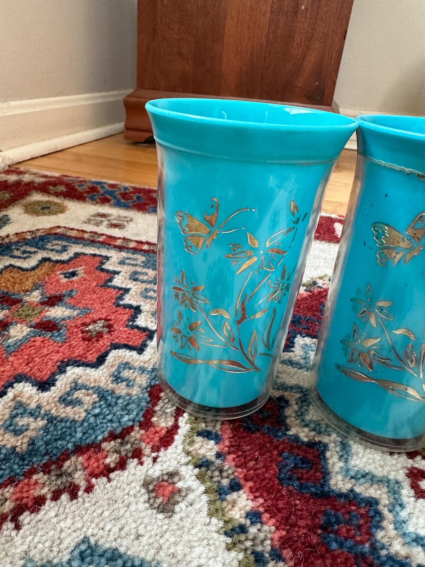 Vintage Insulated 4 Tumblers Plastic Mid Century Blue Floral & Butterflies