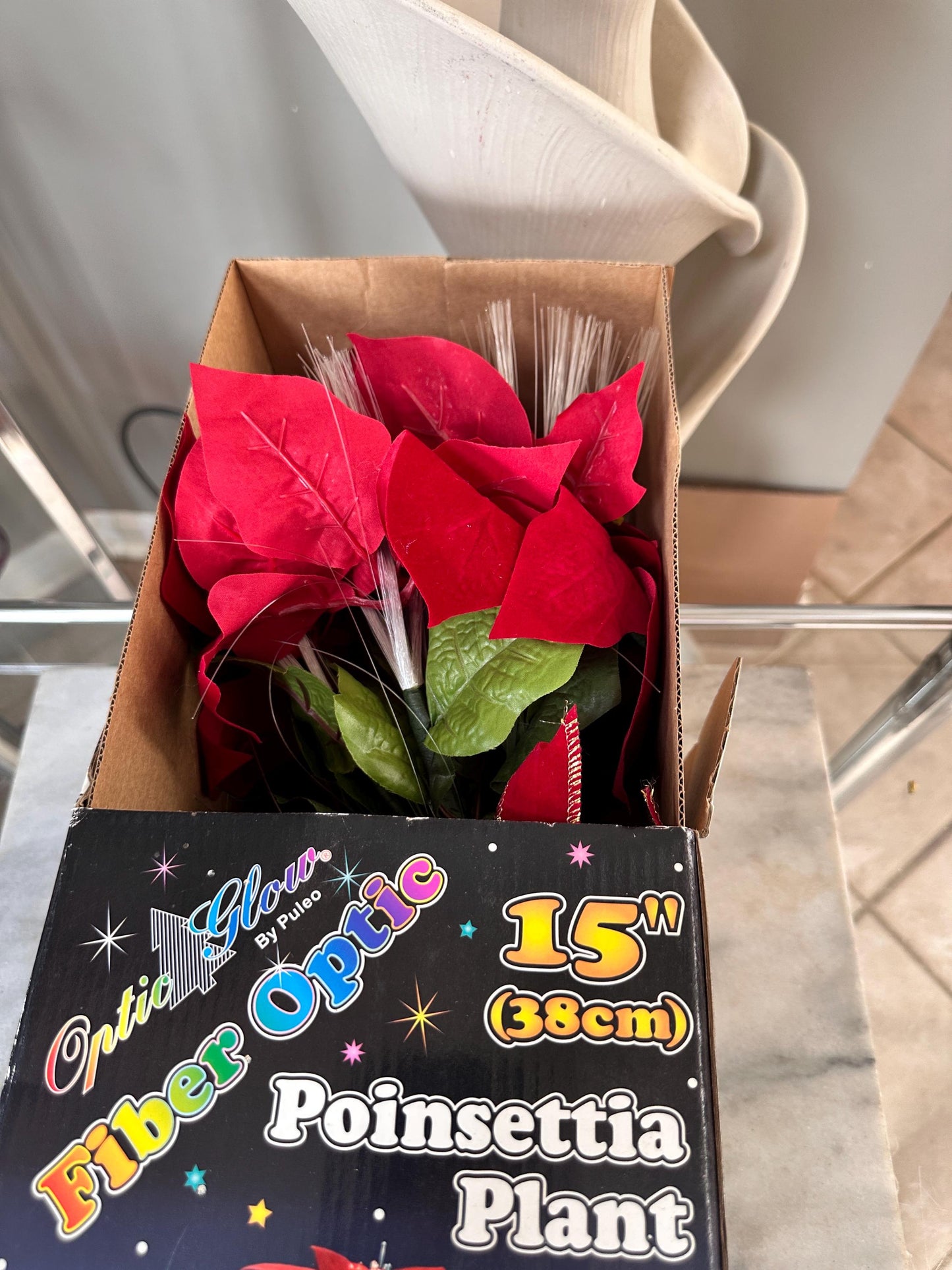 Vintage NOS Puleo Fiber Optic Poinsettia – 15" Lighted Christmas Floral Display (Original Box)