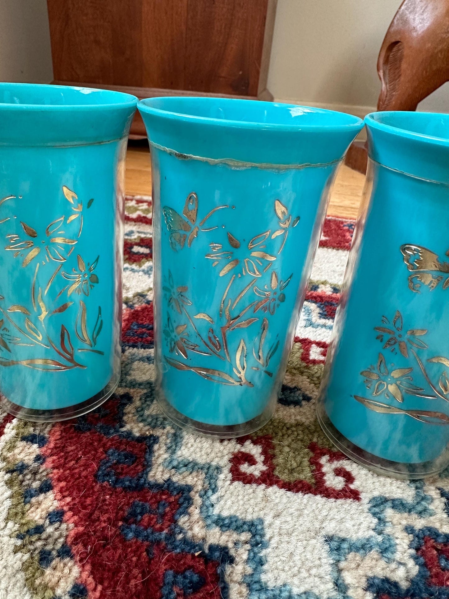 Vintage Insulated 4 Tumblers Plastic Mid Century Blue Floral & Butterflies