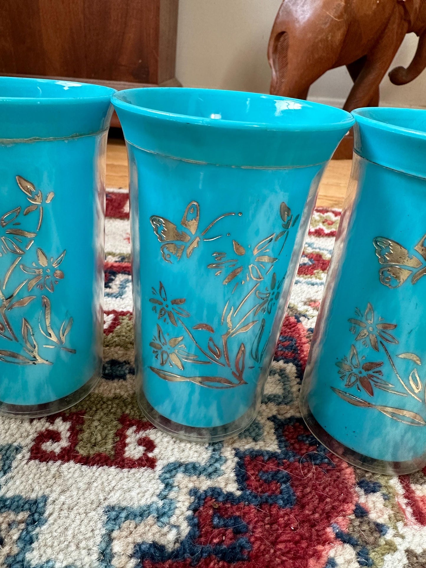Vintage Insulated 4 Tumblers Plastic Mid Century Blue Floral & Butterflies