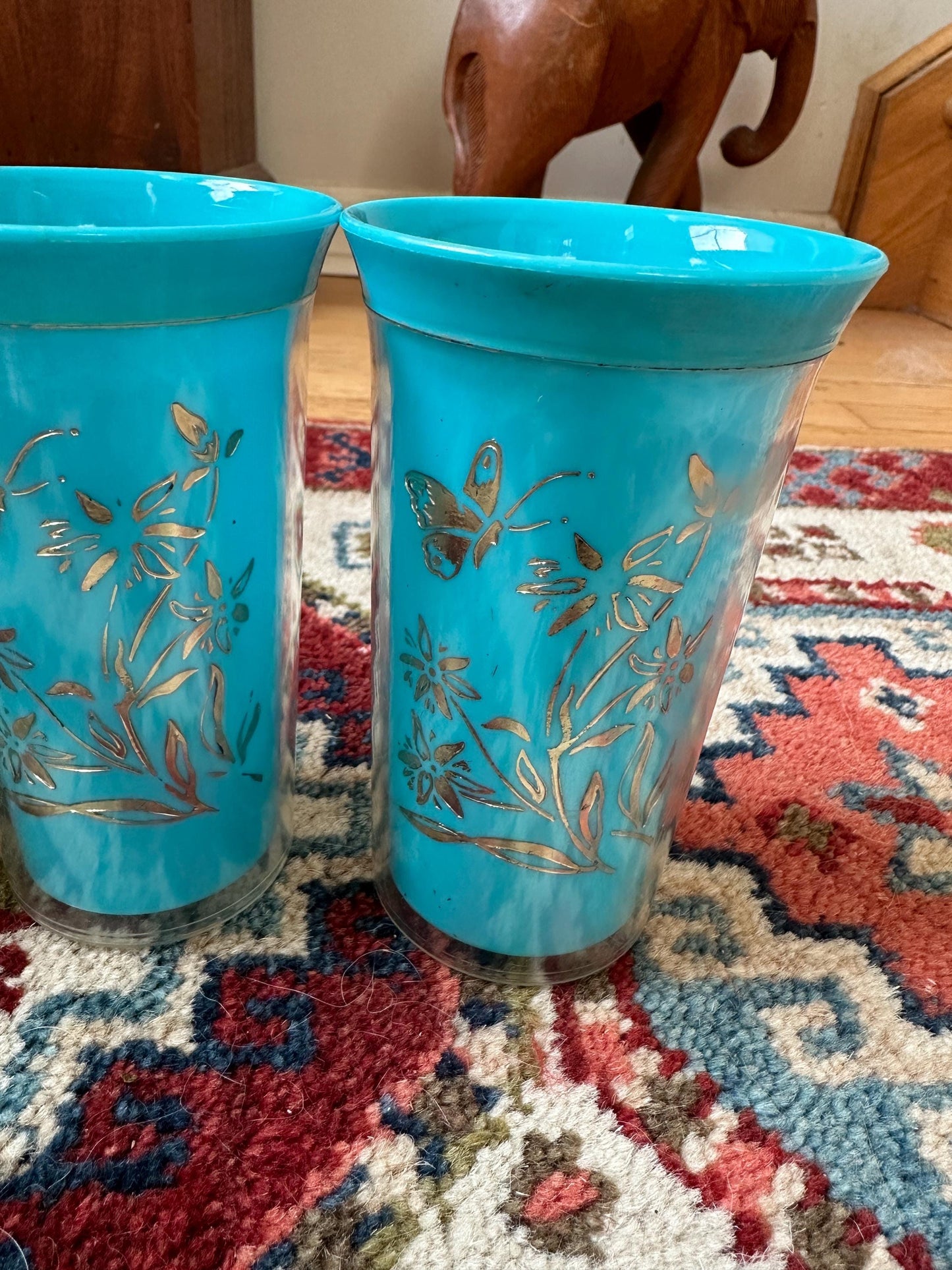Vintage Insulated 4 Tumblers Plastic Mid Century Blue Floral & Butterflies
