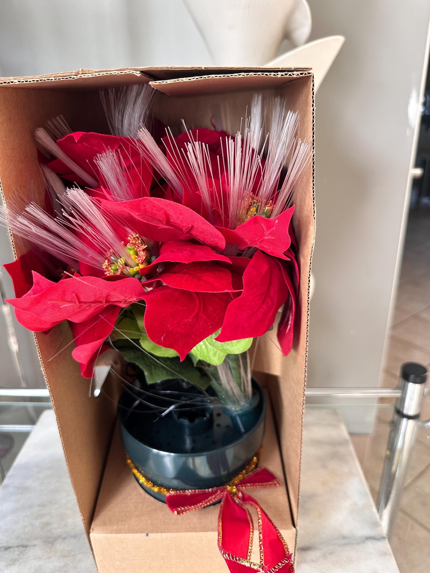 Vintage NOS Puleo Fiber Optic Poinsettia – 15" Lighted Christmas Floral Display (Original Box)