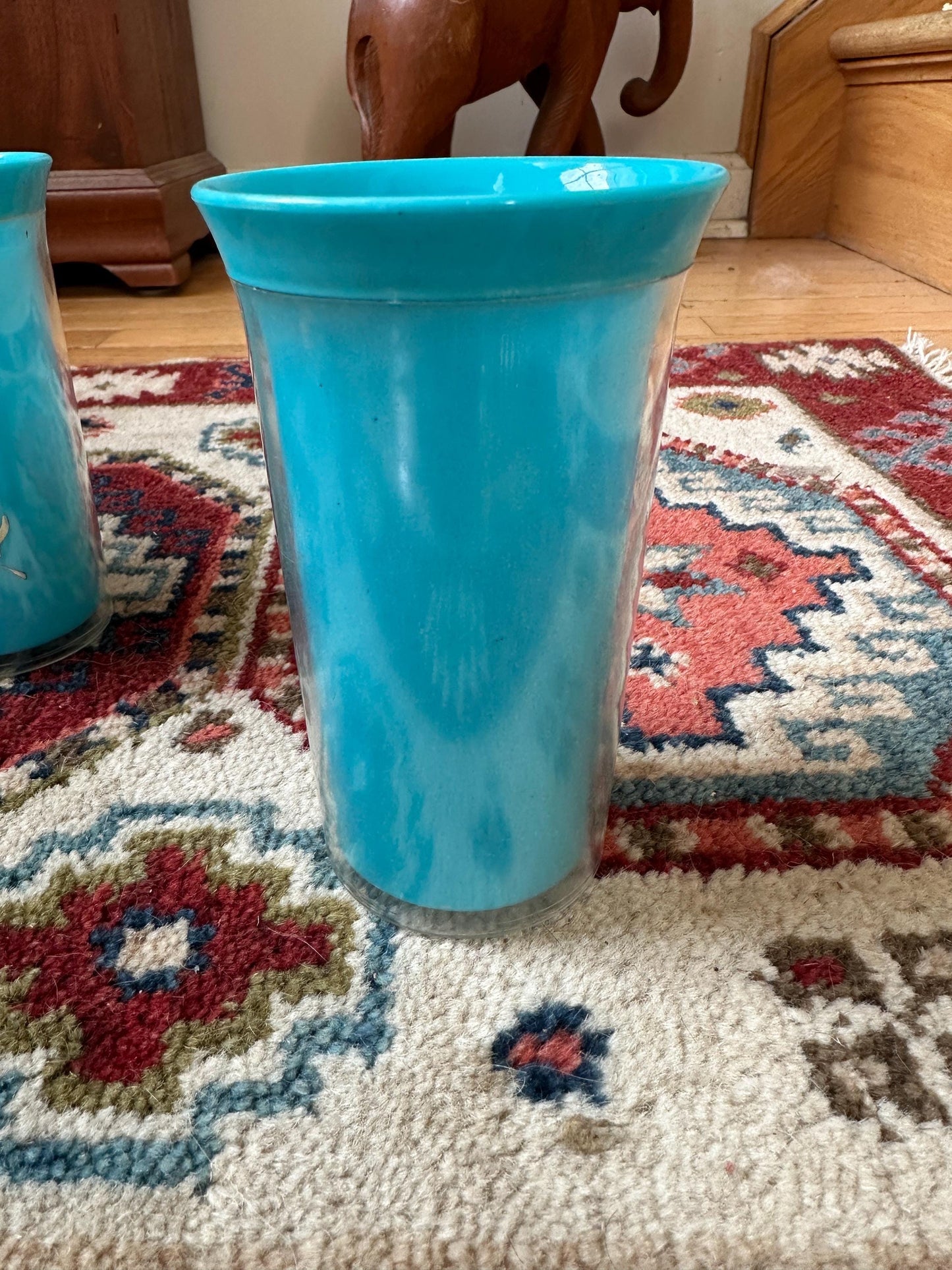 Vintage Insulated 4 Tumblers Plastic Mid Century Blue Floral & Butterflies