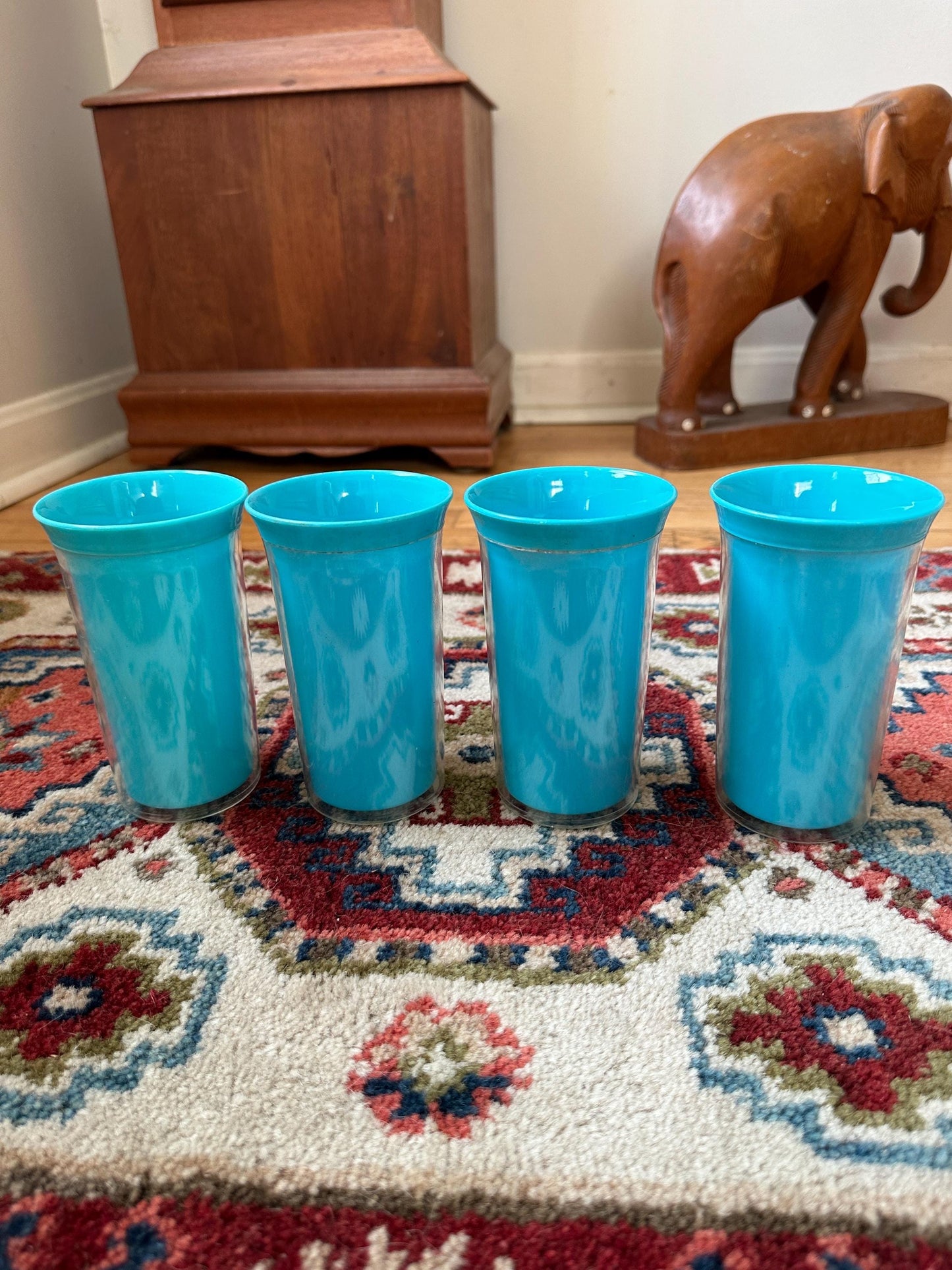Vintage Insulated 4 Tumblers Plastic Mid Century Blue Floral & Butterflies