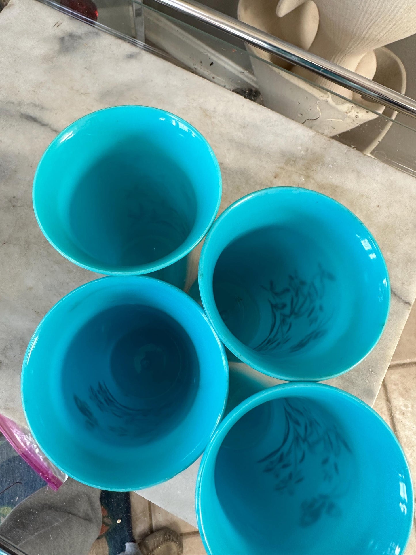Vintage Insulated 4 Tumblers Plastic Mid Century Blue Floral & Butterflies