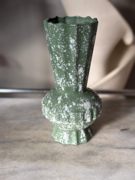 Mid Century Modern Spatter Glaze Vase | White Jade Green Ceramic Beveled MCM Pottery 8”