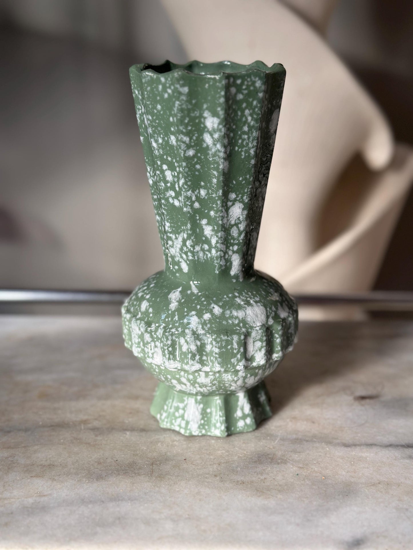 Mid Century Modern Spatter Glaze Vase | White Jade Green Ceramic Beveled MCM Pottery 8”