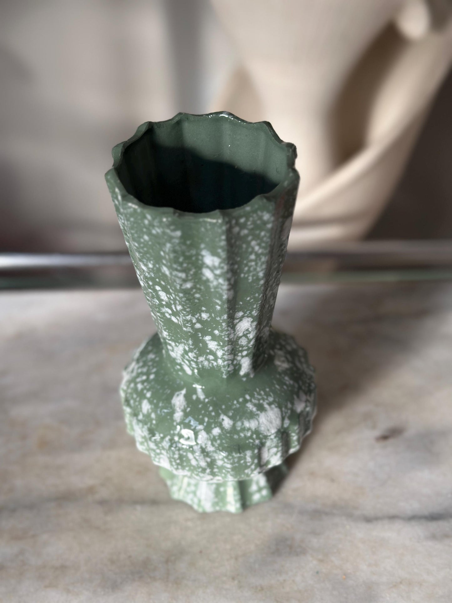 Mid Century Modern Spatter Glaze Vase | White Jade Green Ceramic Beveled MCM Pottery 8”