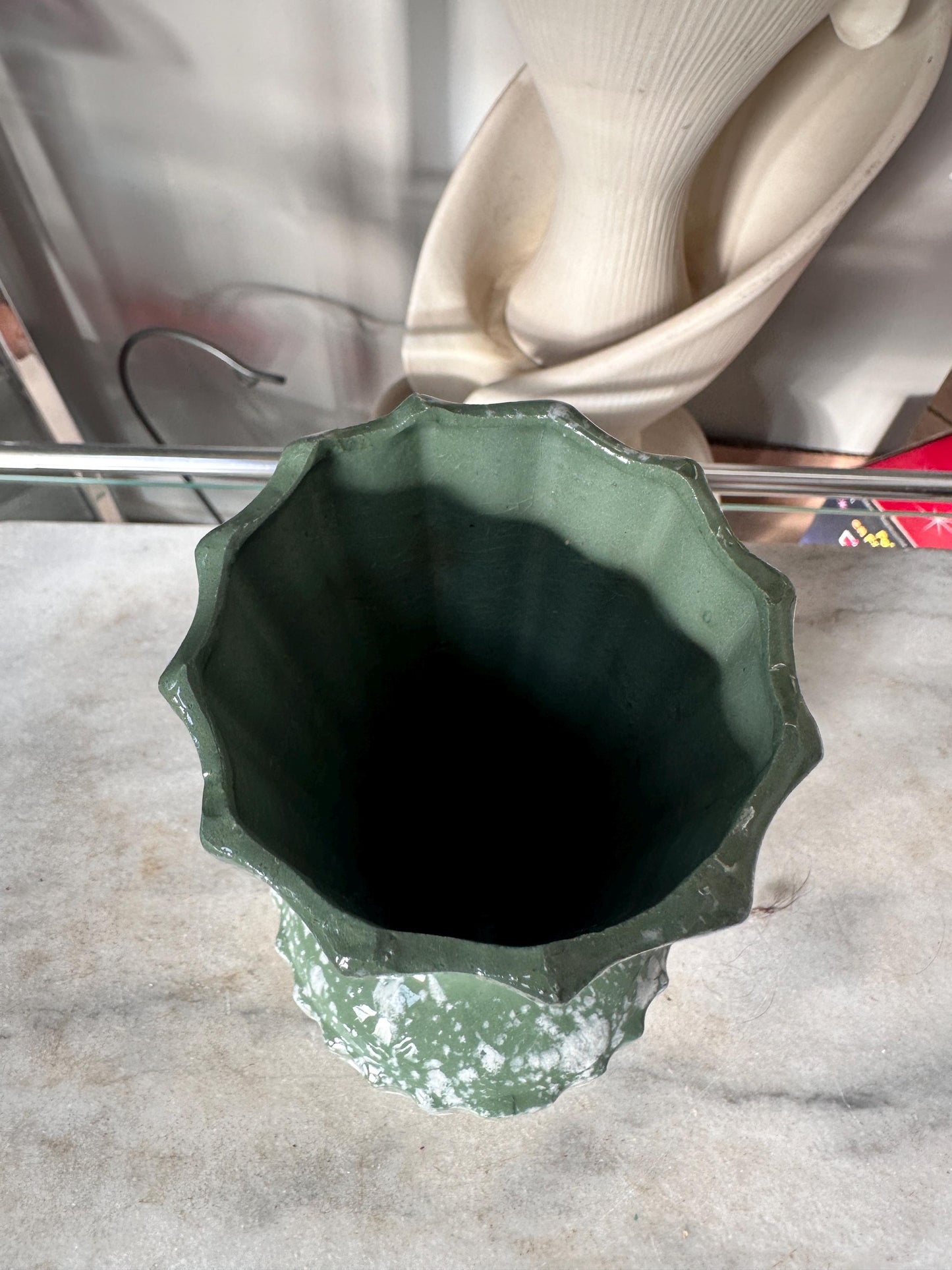 Mid Century Modern Spatter Glaze Vase | White Jade Green Ceramic Beveled MCM Pottery 8”