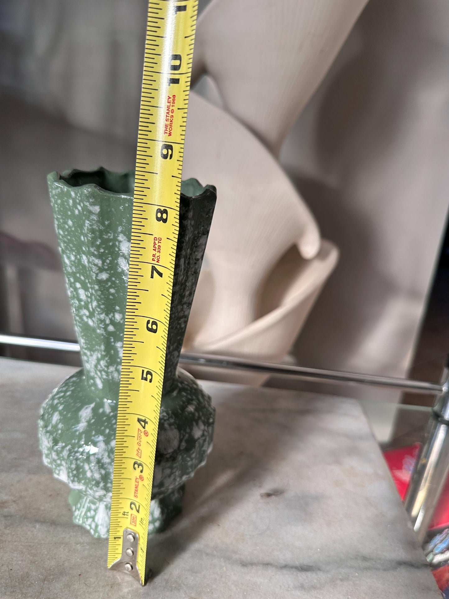 Mid Century Modern Spatter Glaze Vase | White Jade Green Ceramic Beveled MCM Pottery 8”