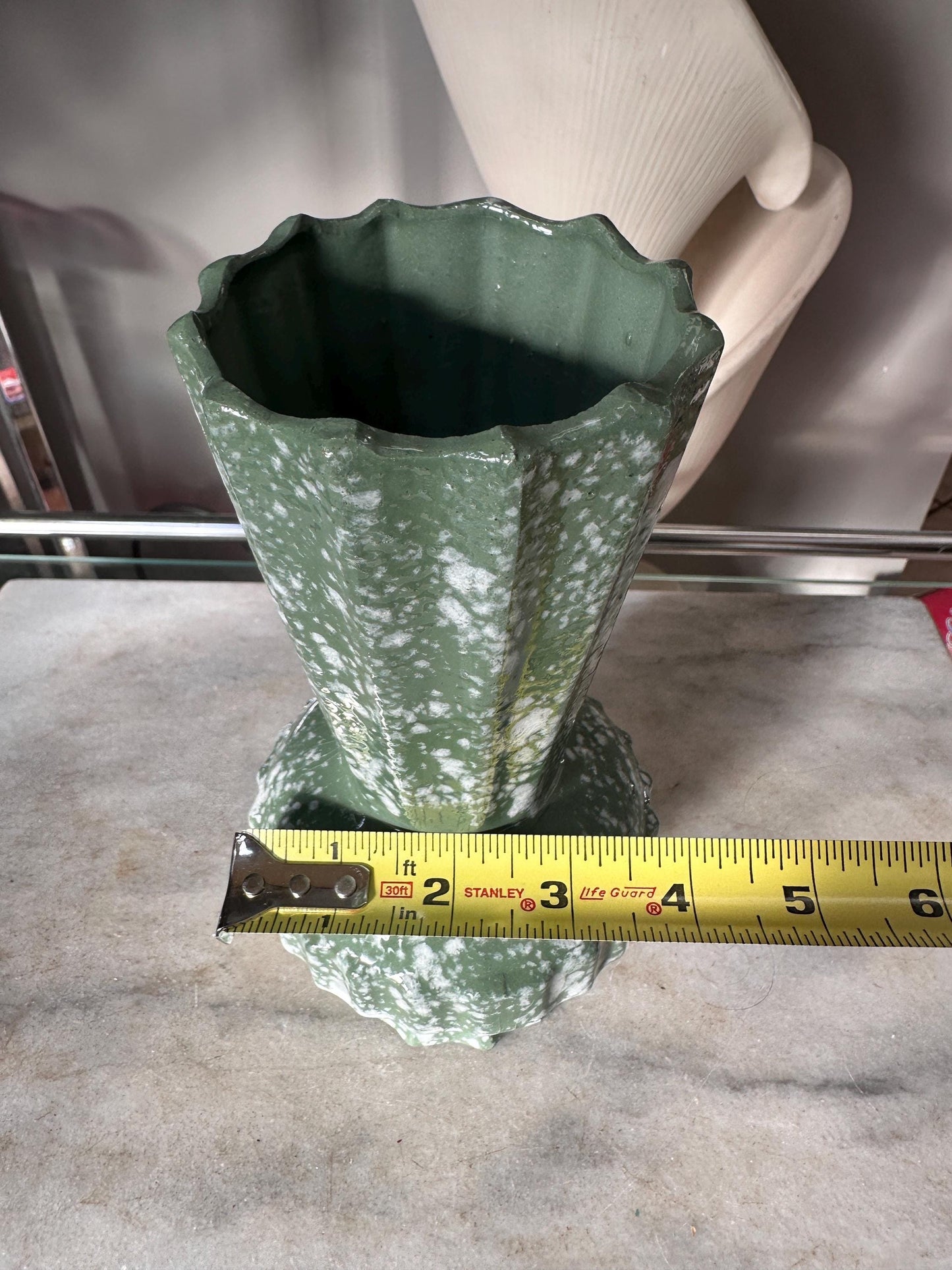 Mid Century Modern Spatter Glaze Vase | White Jade Green Ceramic Beveled MCM Pottery 8”