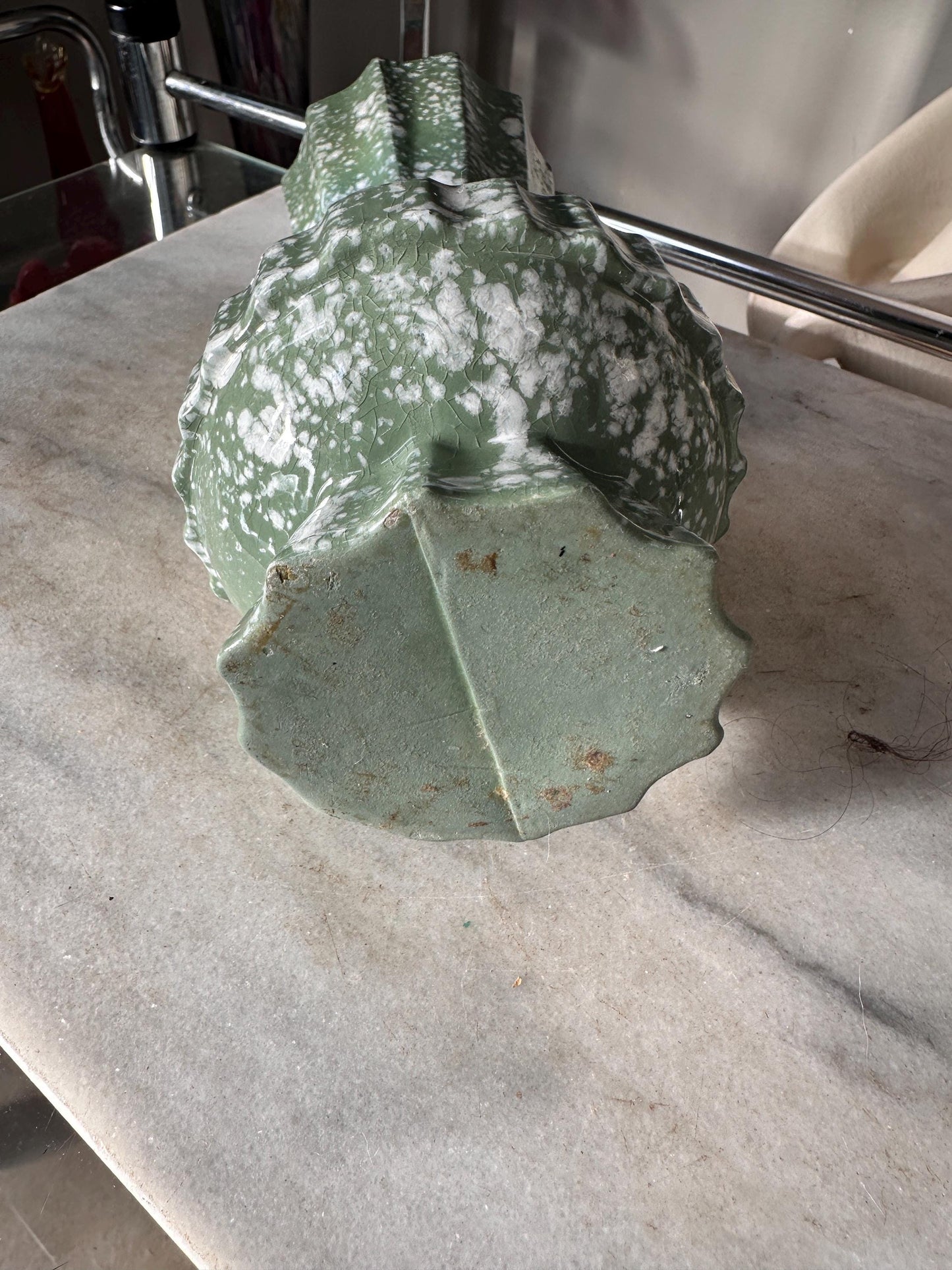 Mid Century Modern Spatter Glaze Vase | White Jade Green Ceramic Beveled MCM Pottery 8”