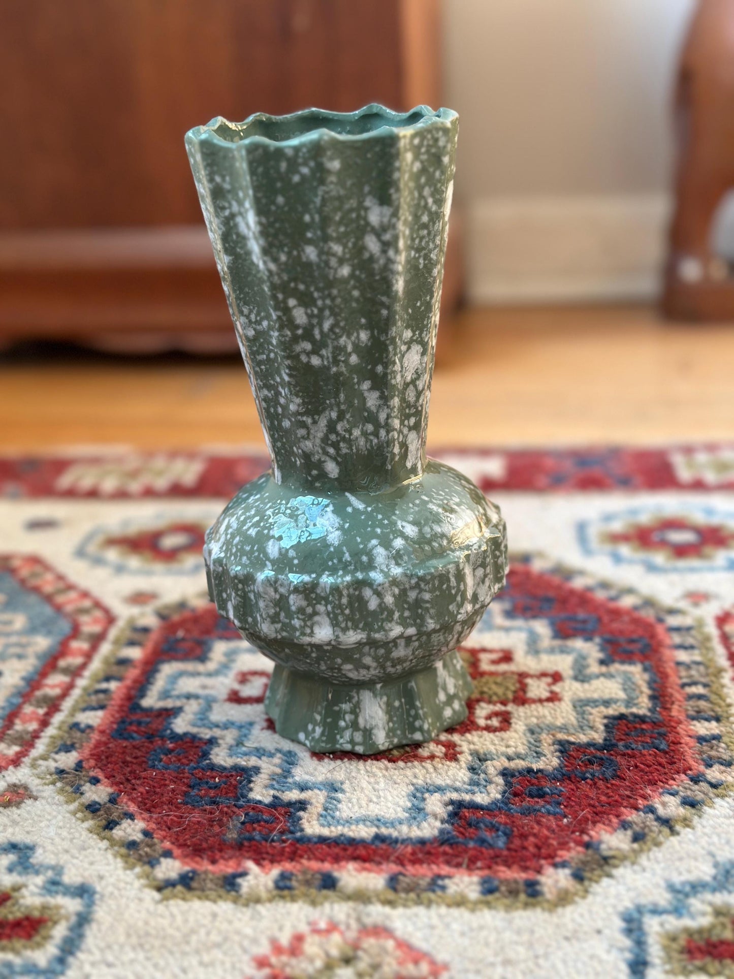 Mid Century Modern Spatter Glaze Vase | White Jade Green Ceramic Beveled MCM Pottery 8”