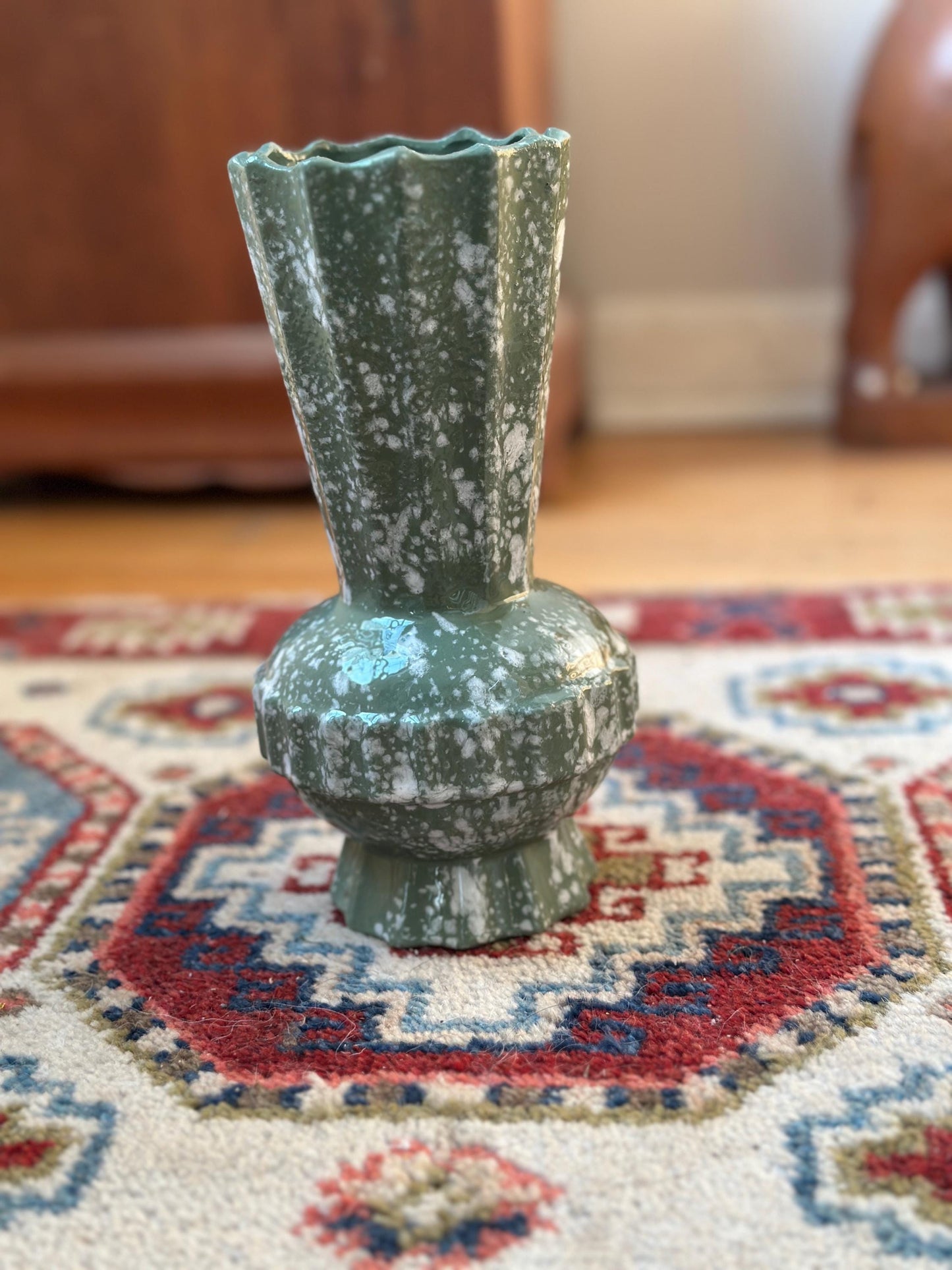 Mid Century Modern Spatter Glaze Vase | White Jade Green Ceramic Beveled MCM Pottery 8”