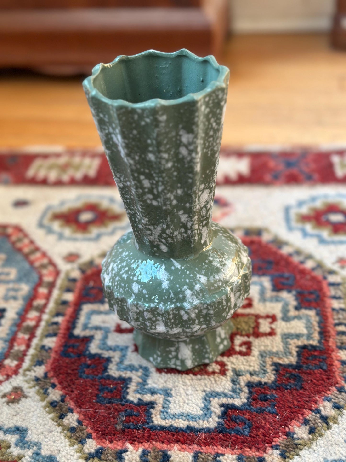 Mid Century Modern Spatter Glaze Vase | White Jade Green Ceramic Beveled MCM Pottery 8”