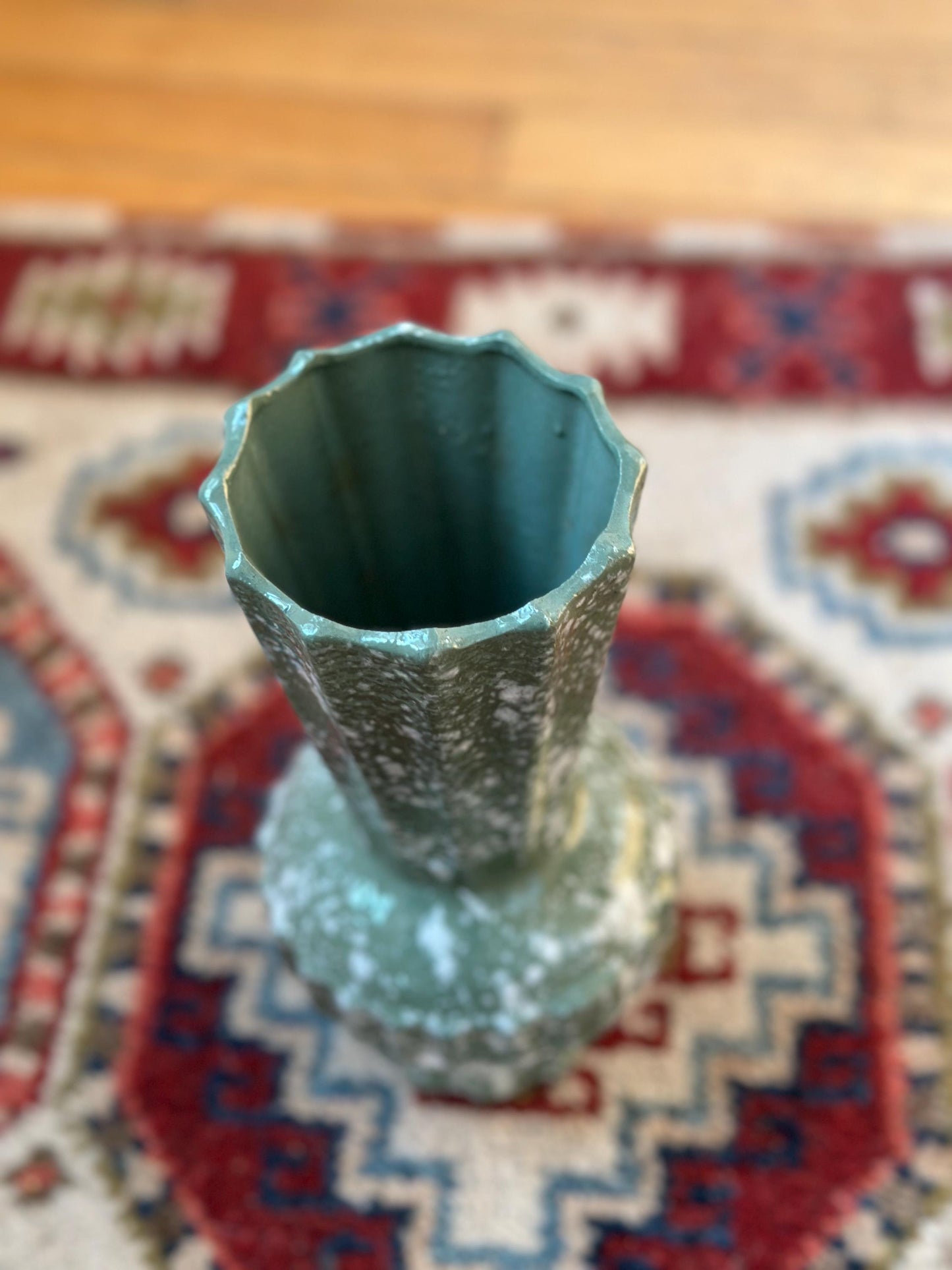 Mid Century Modern Spatter Glaze Vase | White Jade Green Ceramic Beveled MCM Pottery 8”