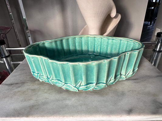 Vintage 1948 McCoy Turquoise Centerpiece Bowl Planter | Bamboo Leaf MCM Decor