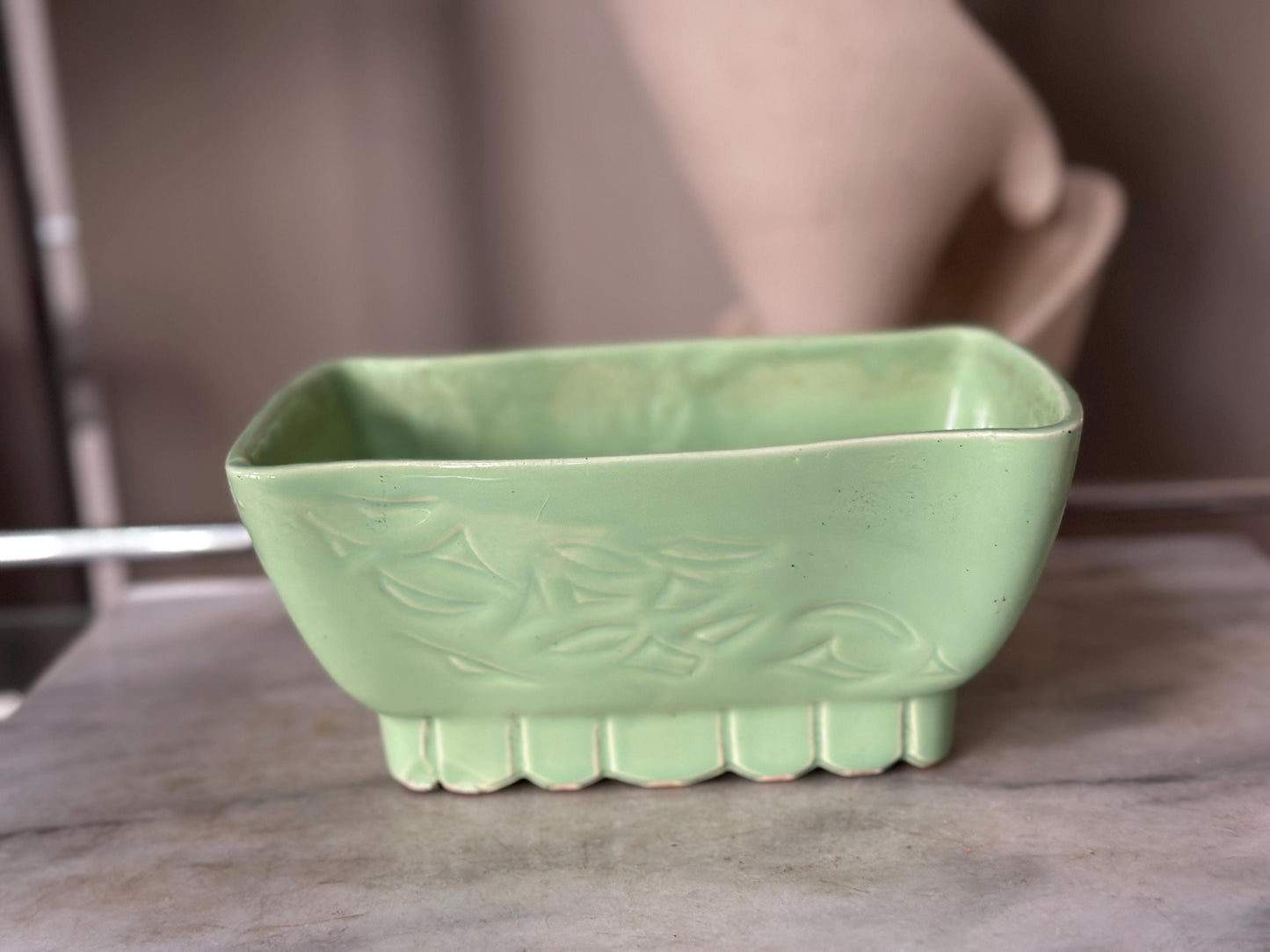 Vintage Cookson Pottery Seafoam Green Planter | Mid Century Ceramic Floral Motif USA