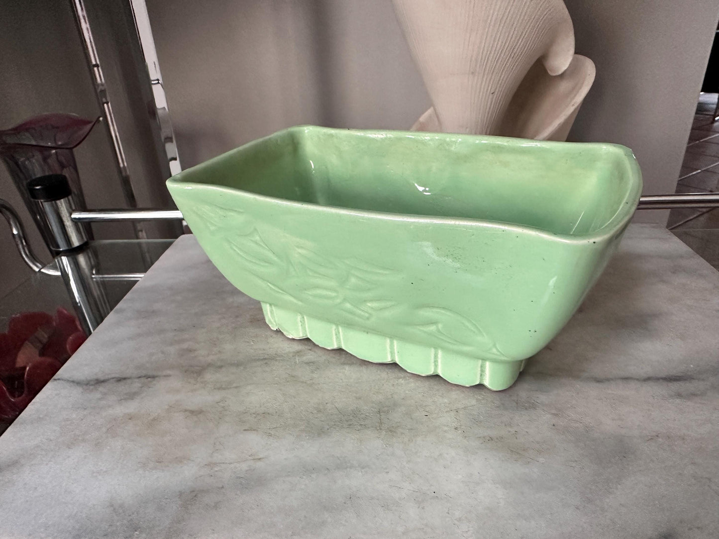 Vintage Cookson Pottery Seafoam Green Planter | Mid Century Ceramic Floral Motif USA