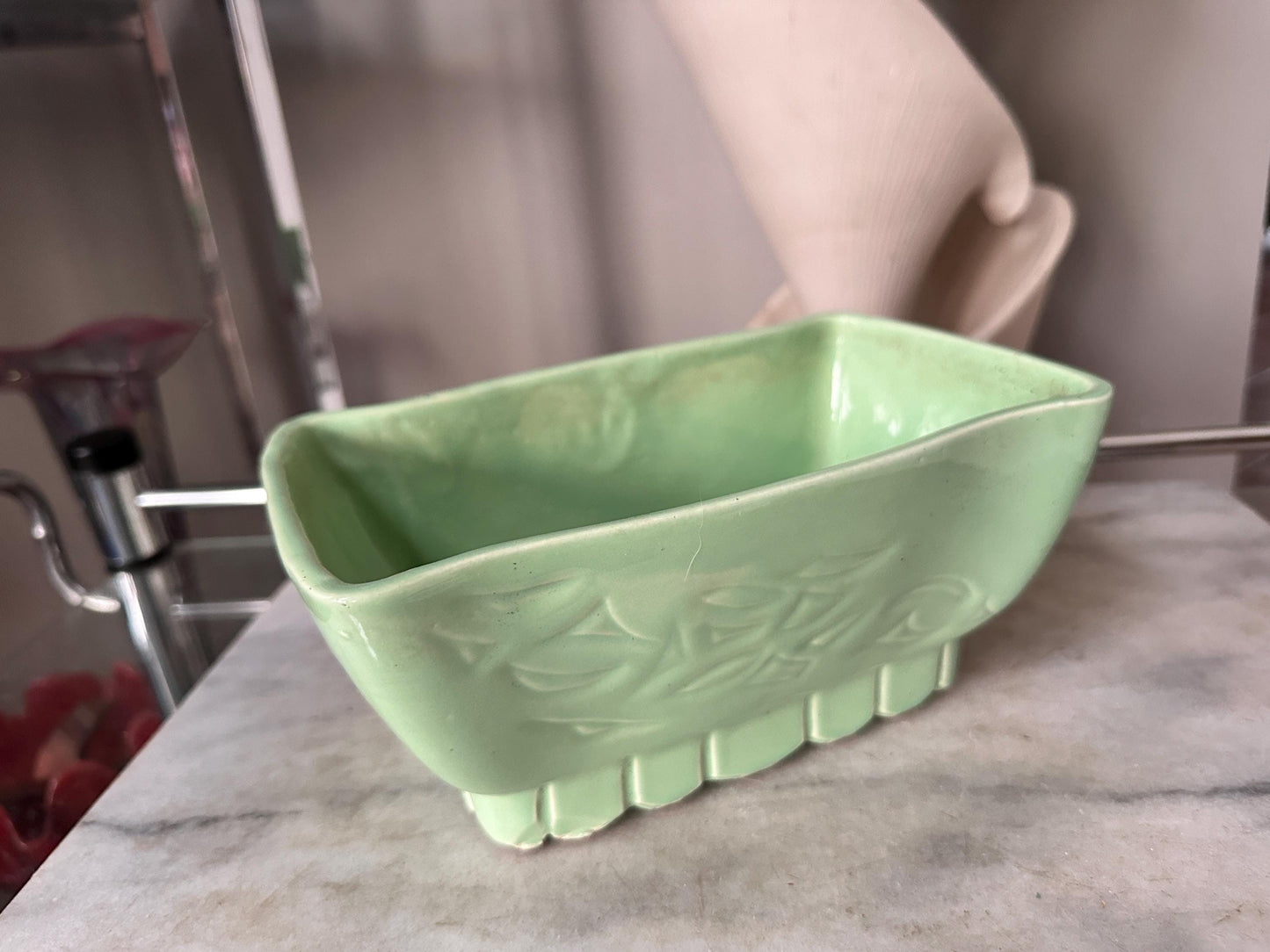 Vintage Cookson Pottery Seafoam Green Planter | Mid Century Ceramic Floral Motif USA