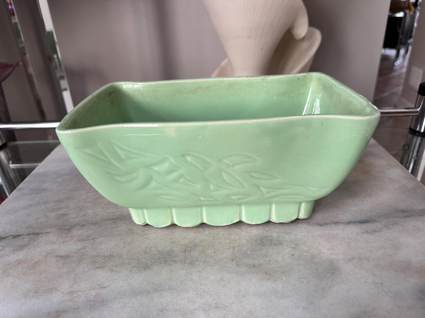 Vintage Cookson Pottery Seafoam Green Planter | Mid Century Ceramic Floral Motif USA