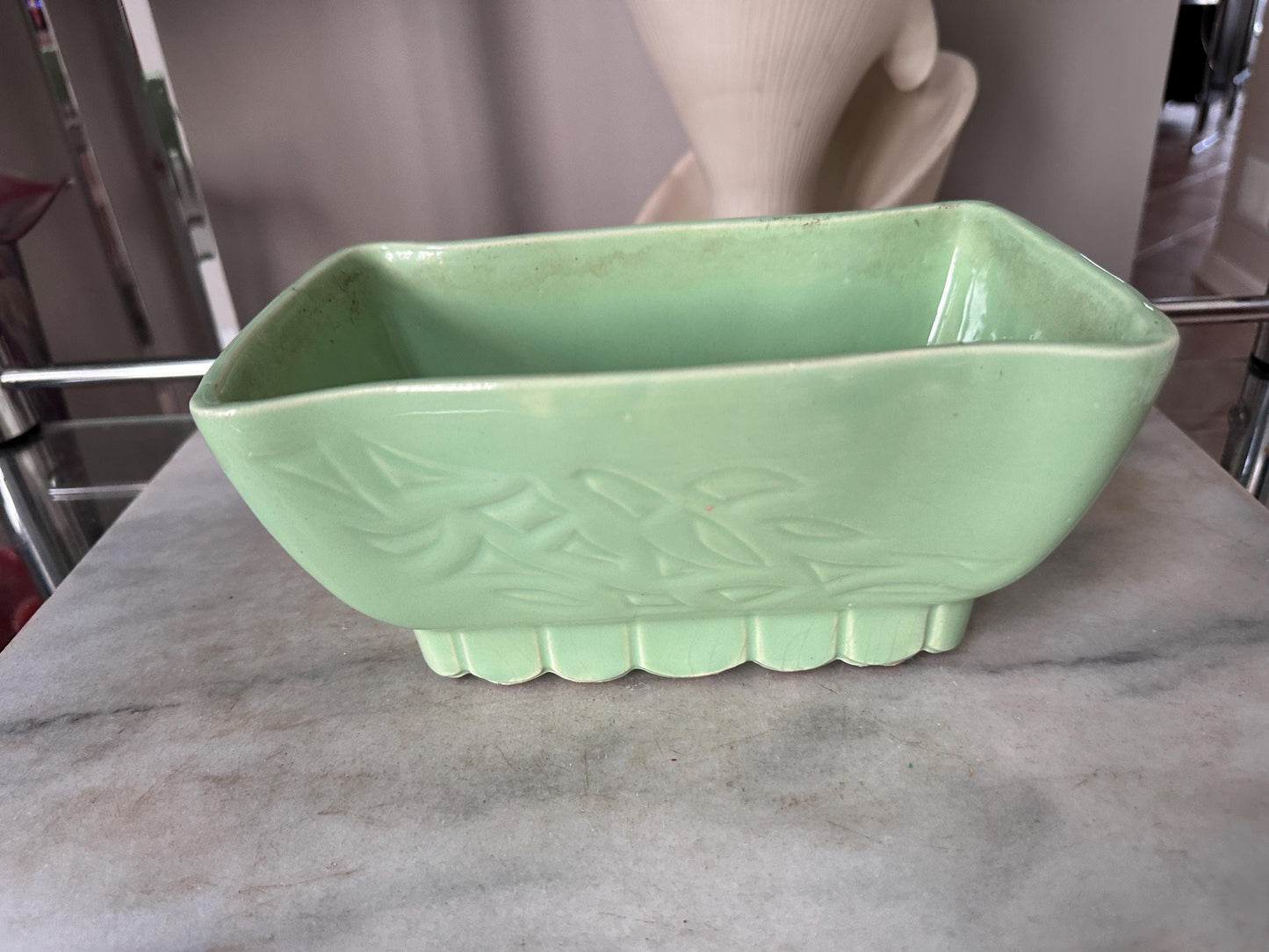Vintage Cookson Pottery Seafoam Green Planter | Mid Century Ceramic Floral Motif USA