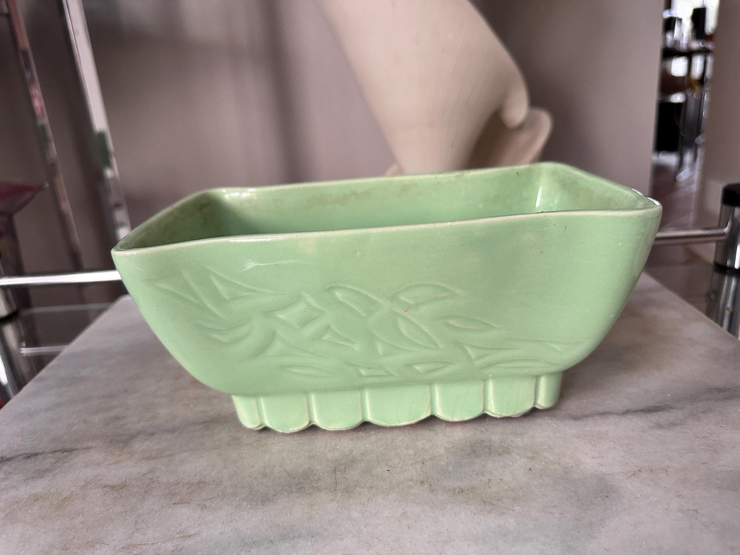 Vintage Cookson Pottery Seafoam Green Planter | Mid Century Ceramic Floral Motif USA