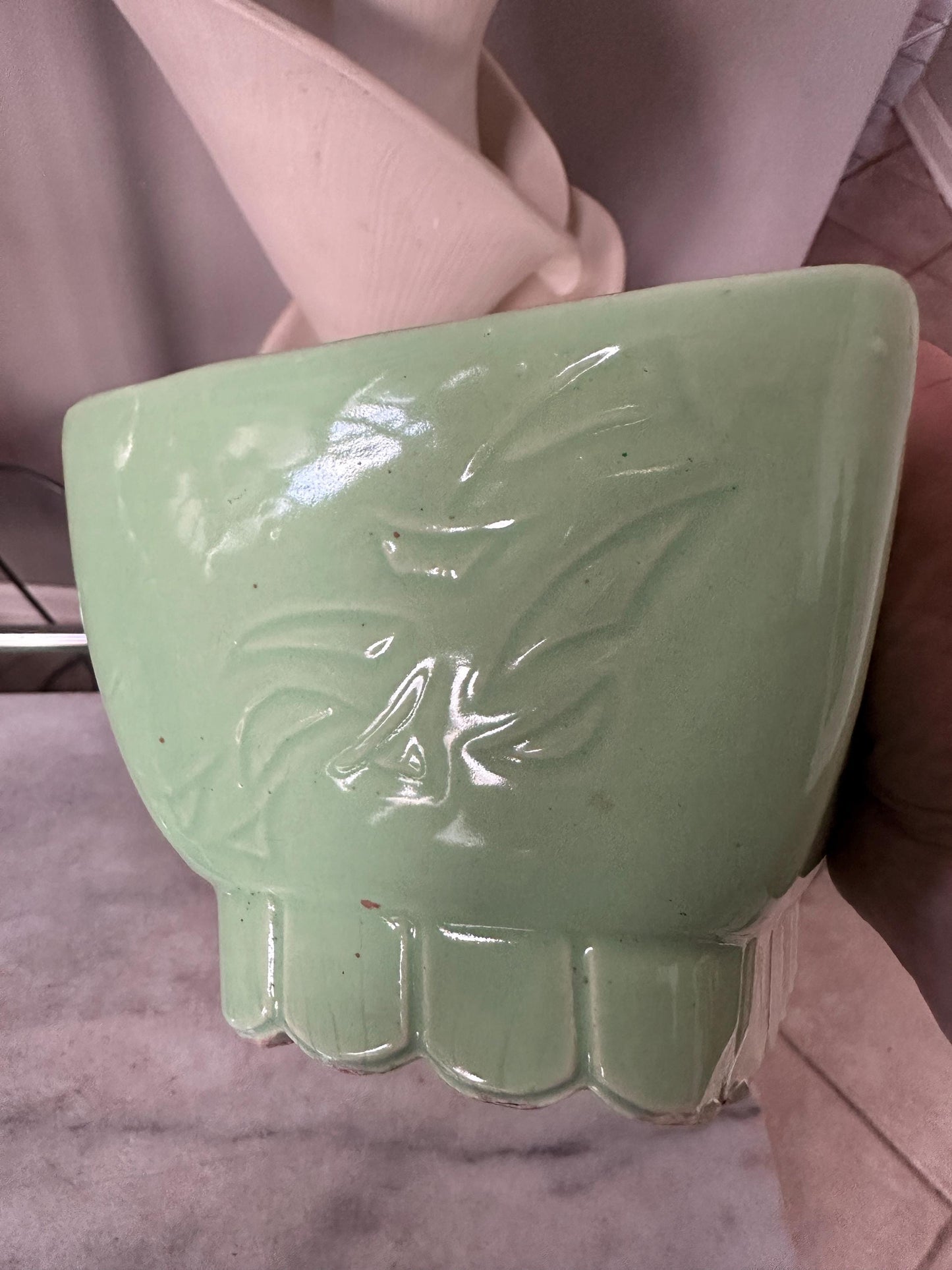 Vintage Cookson Pottery Seafoam Green Planter | Mid Century Ceramic Floral Motif USA