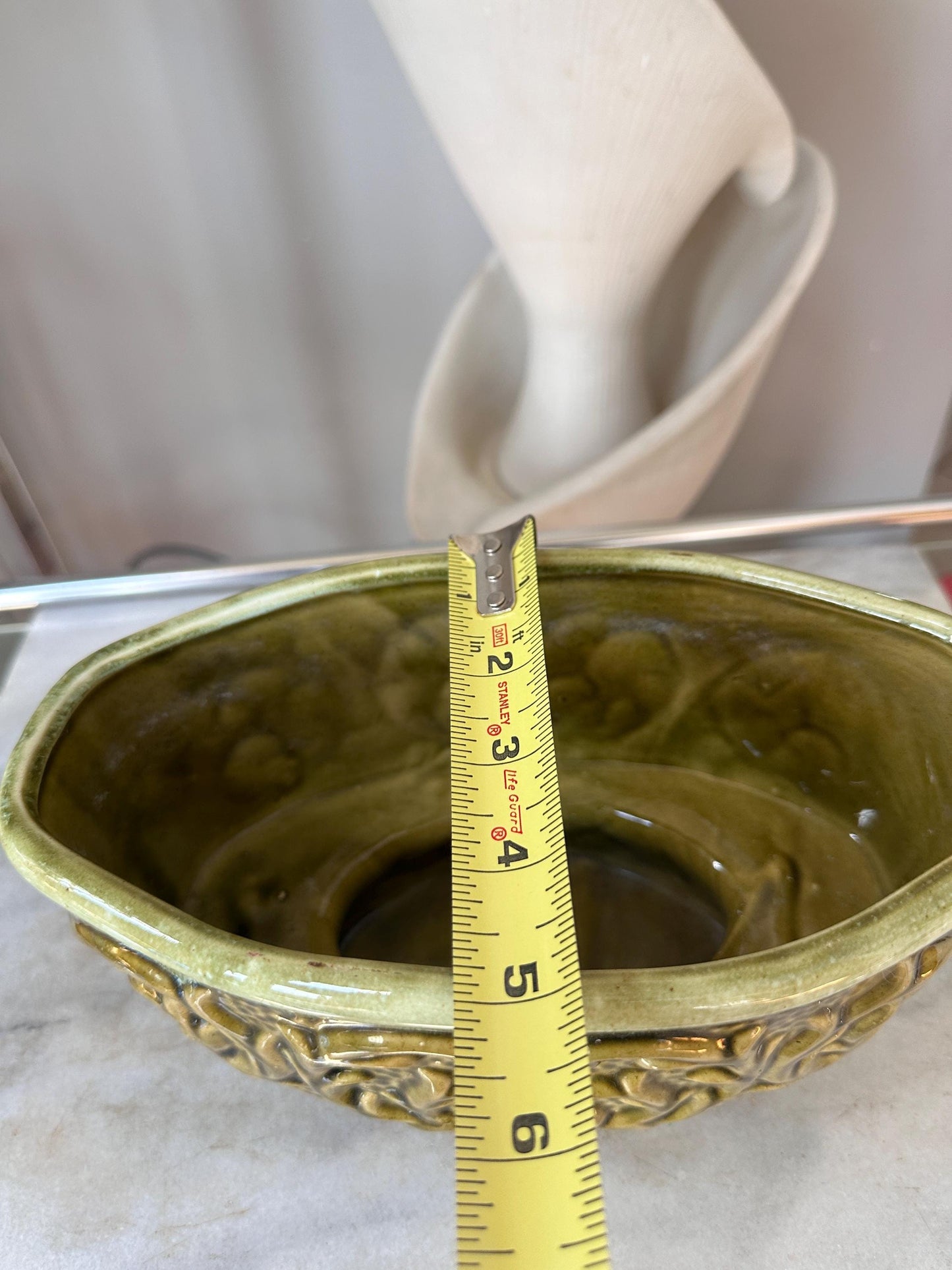 MCM Planter Vase Vintage 1950's Pedestal Ceramic Gloss Green Raised Design
