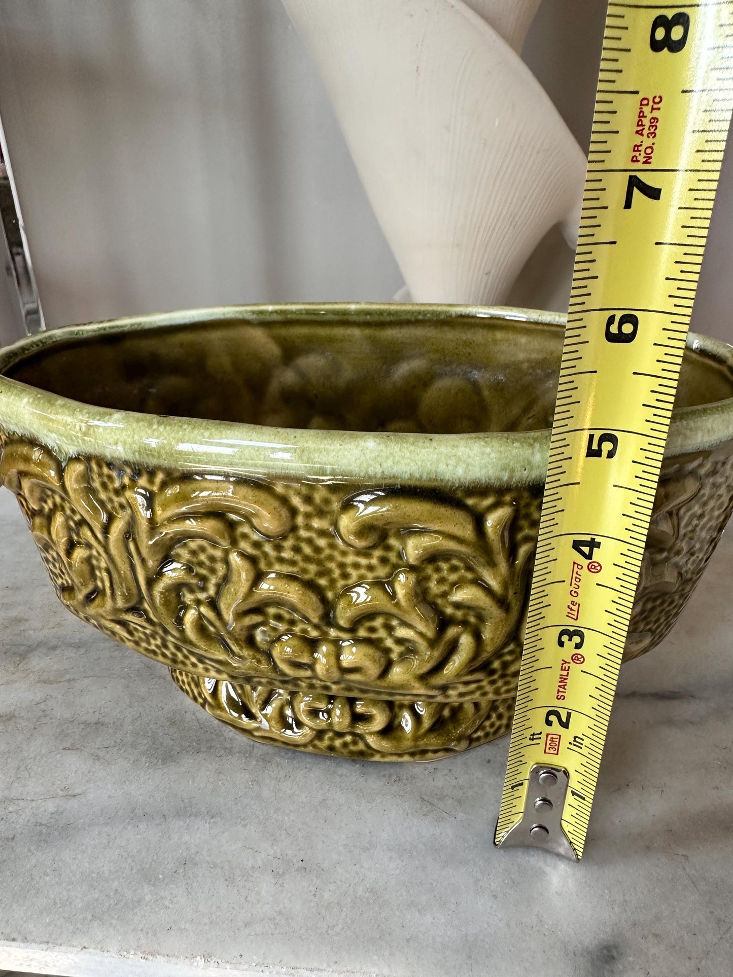 MCM Planter Vase Vintage 1950's Pedestal Ceramic Gloss Green Raised Design