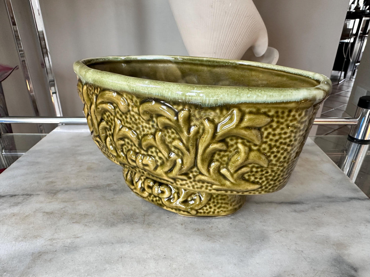 MCM Planter Vase Vintage 1950's Pedestal Ceramic Gloss Green Raised Design