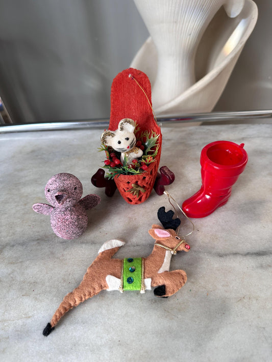 Vintage Kitschy Christmas Ornaments: Flocked Mouse, Glitter Bird, Santa Boot, Felt Reindeer