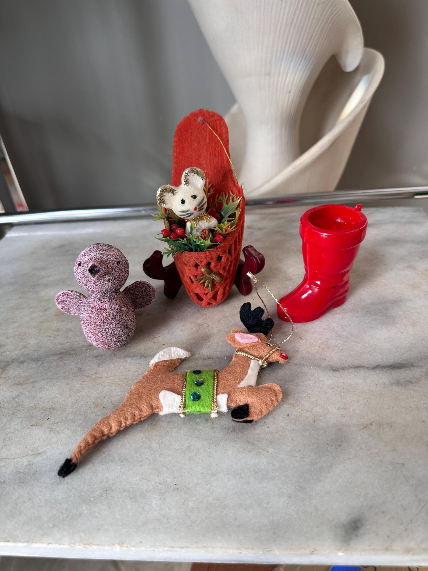 Vintage Kitschy Christmas Ornaments: Flocked Mouse, Glitter Bird, Santa Boot, Felt Reindeer