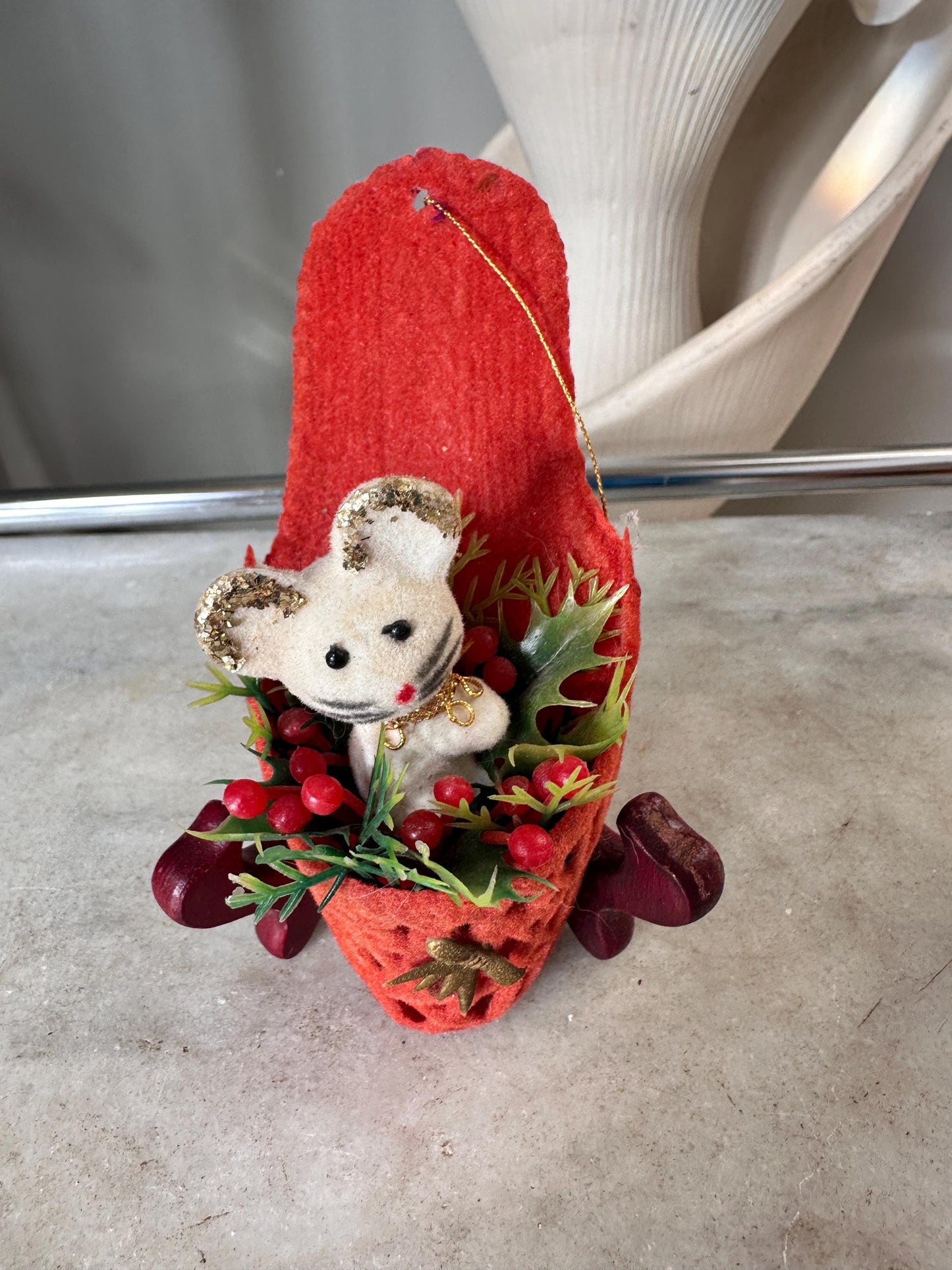 Vintage Kitschy Christmas Ornaments: Flocked Mouse, Glitter Bird, Santa Boot, Felt Reindeer