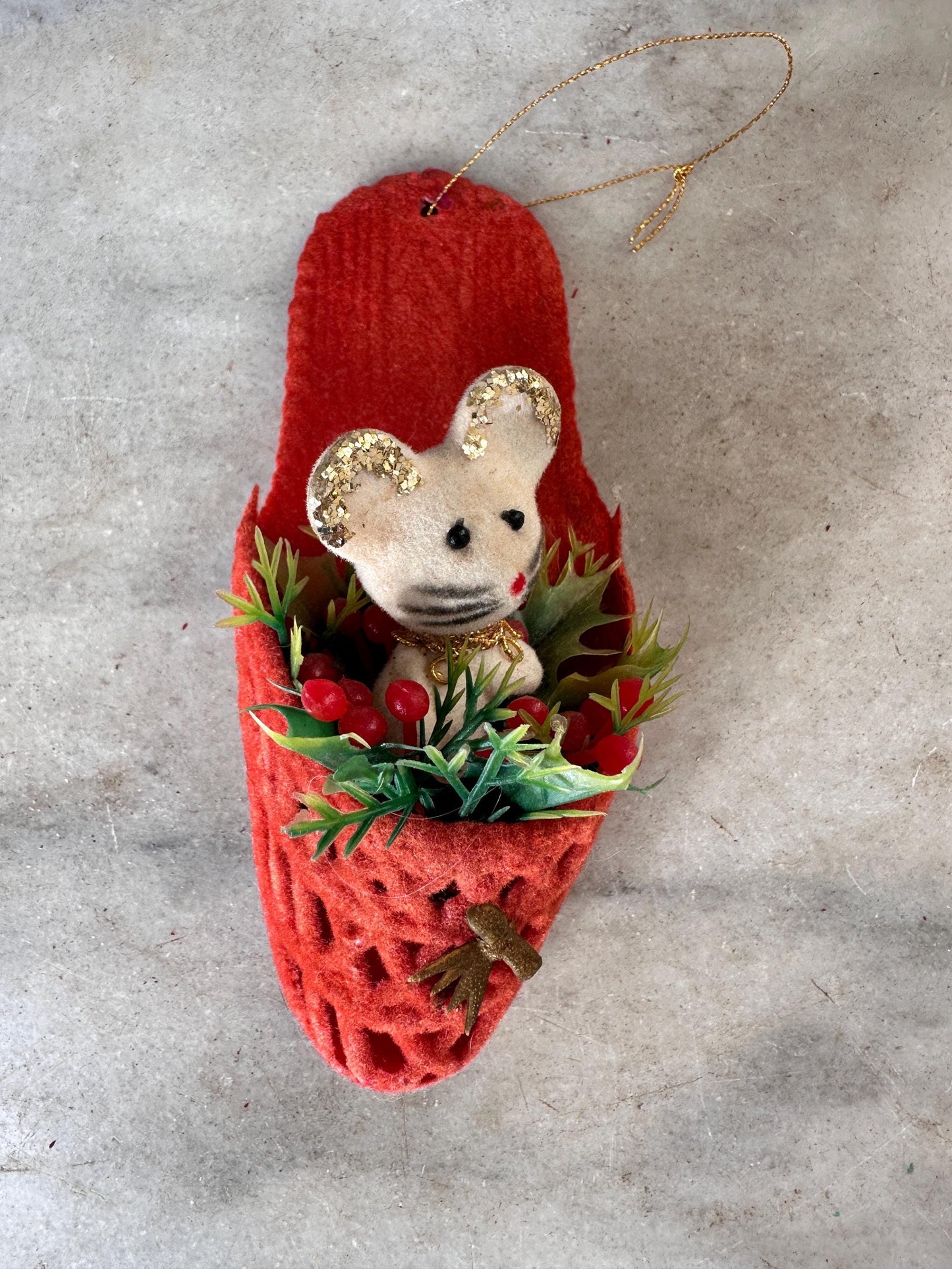 Vintage Kitschy Christmas Ornaments: Flocked Mouse, Glitter Bird, Santa Boot, Felt Reindeer