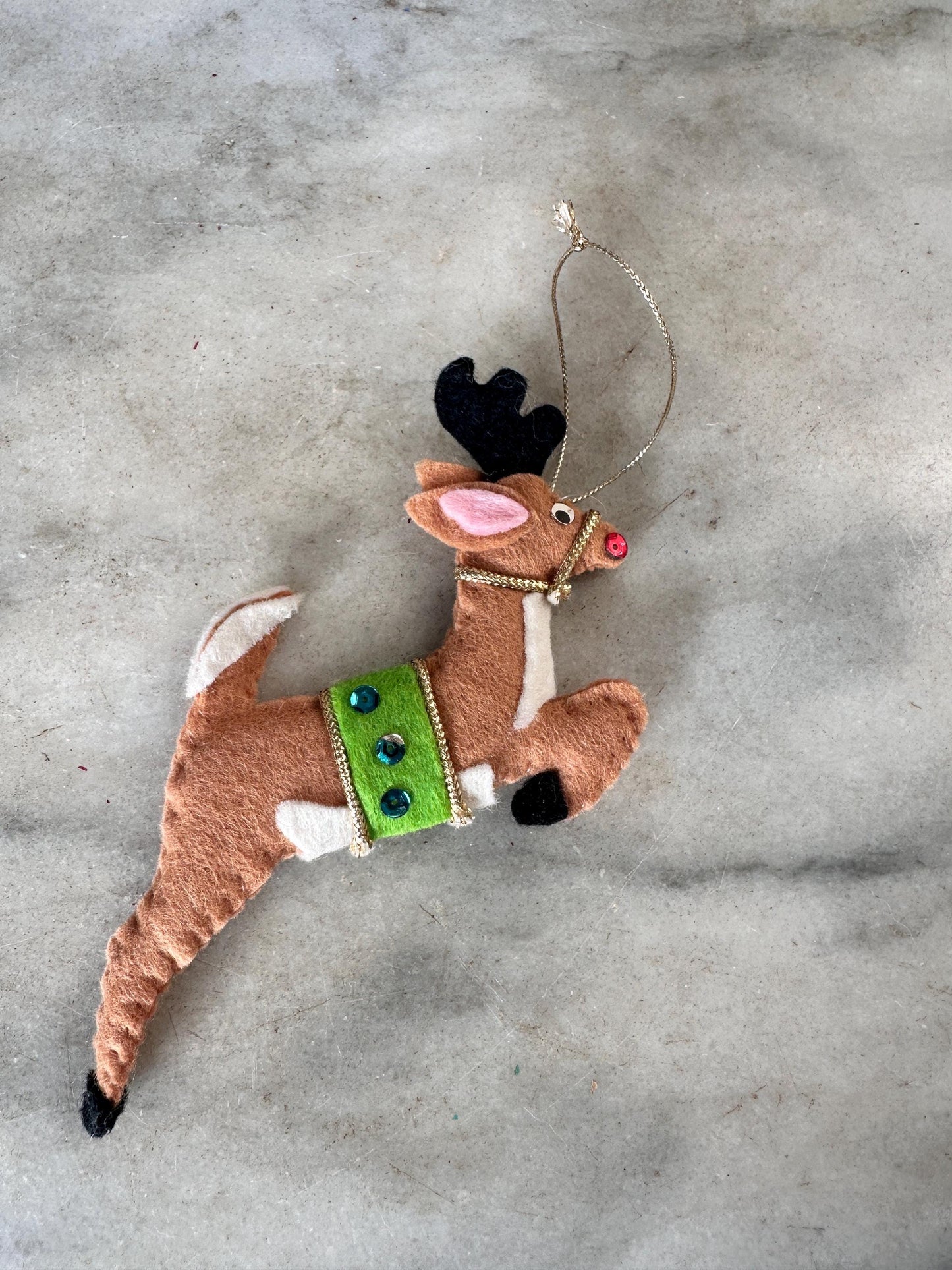 Vintage Kitschy Christmas Ornaments: Flocked Mouse, Glitter Bird, Santa Boot, Felt Reindeer