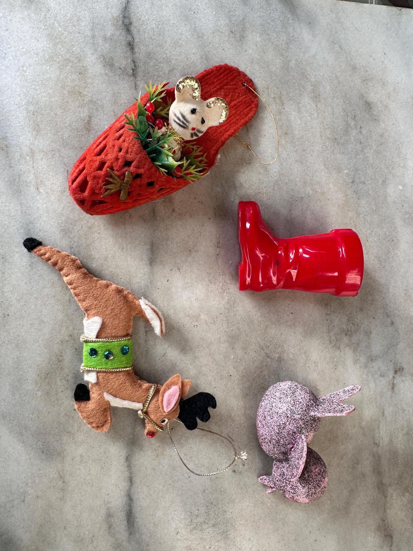 Vintage Kitschy Christmas Ornaments: Flocked Mouse, Glitter Bird, Santa Boot, Felt Reindeer
