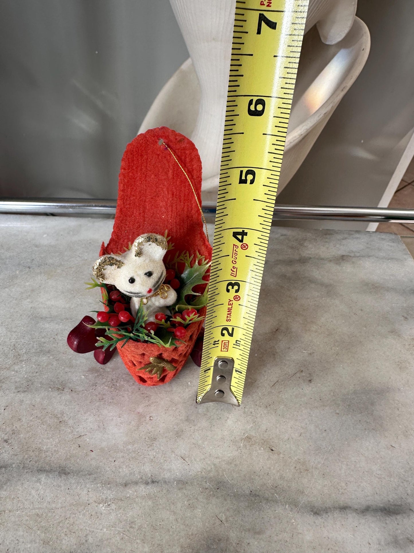 Vintage Kitschy Christmas Ornaments: Flocked Mouse, Glitter Bird, Santa Boot, Felt Reindeer