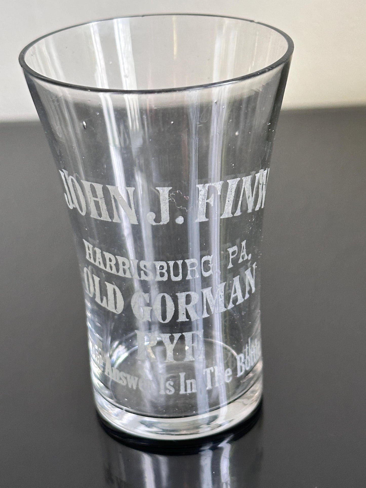 Antique John J. Finn Harrisburg PA Shot Glass – Old Gorman Rye Advertising