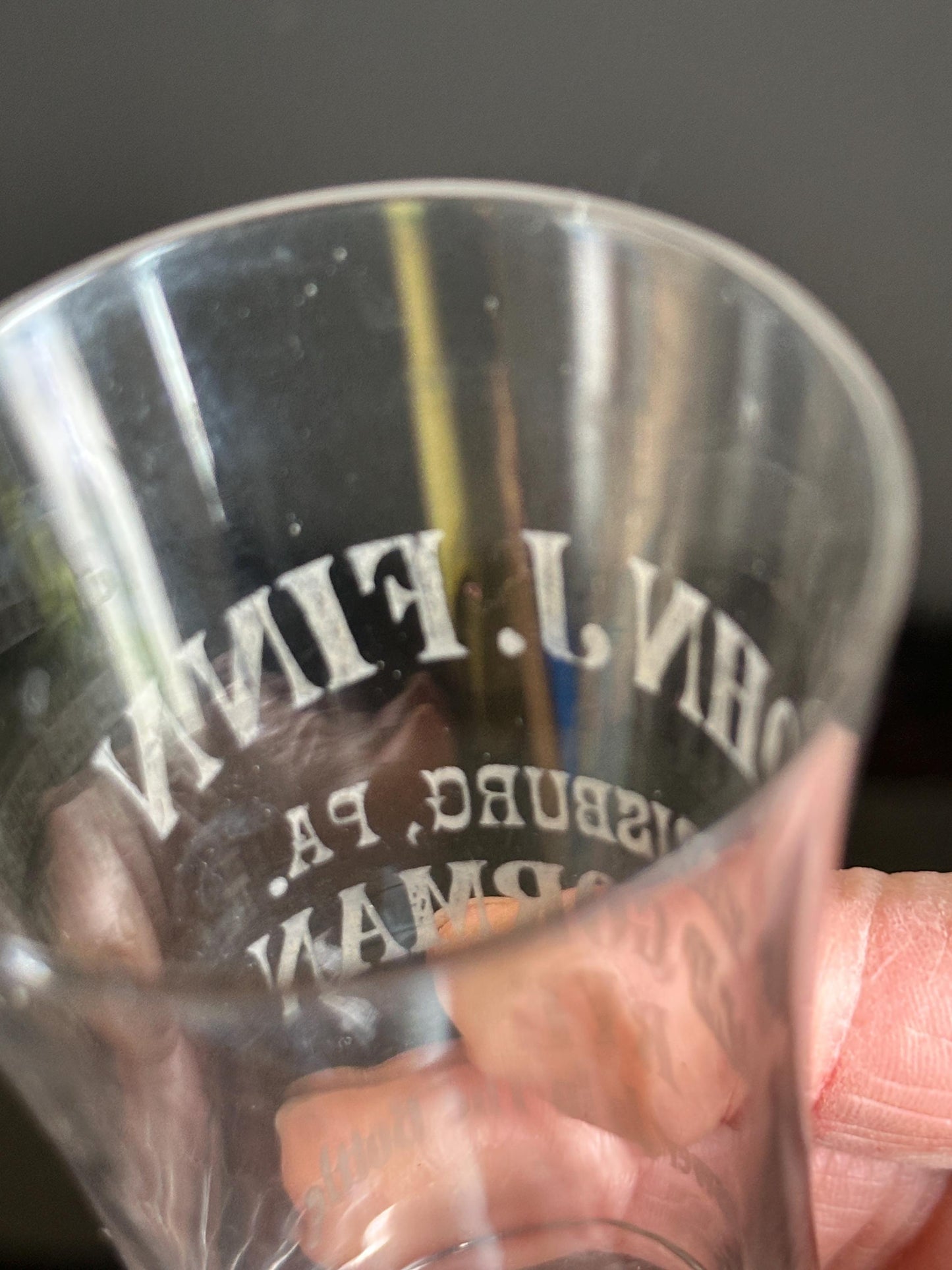 Antique John J. Finn Harrisburg PA Shot Glass – Old Gorman Rye Advertising