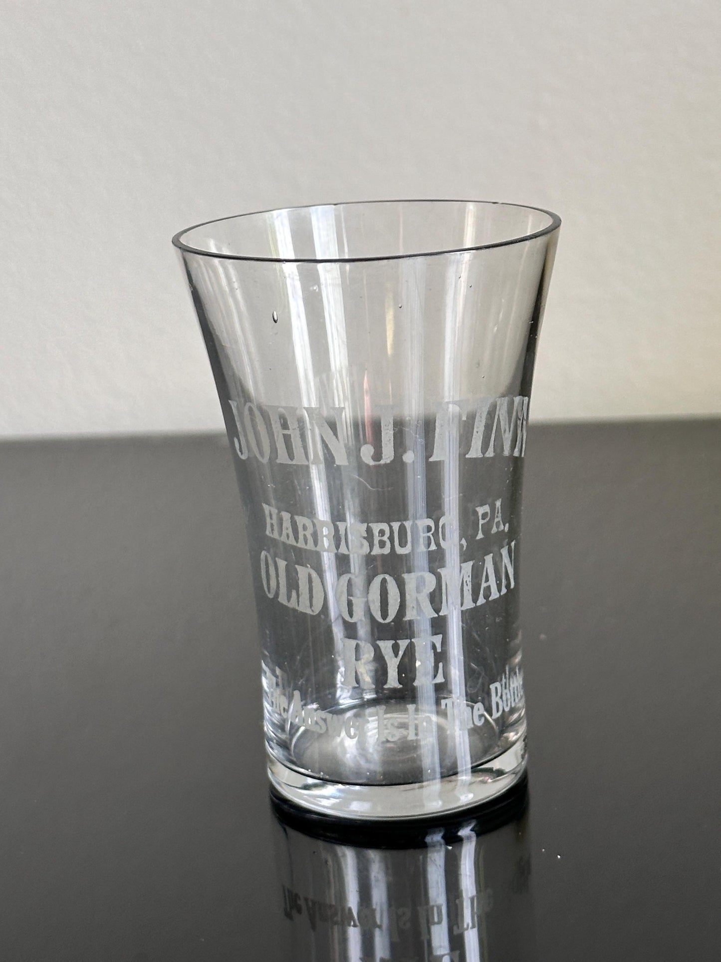 Antique John J. Finn Harrisburg PA Shot Glass – Old Gorman Rye Advertising