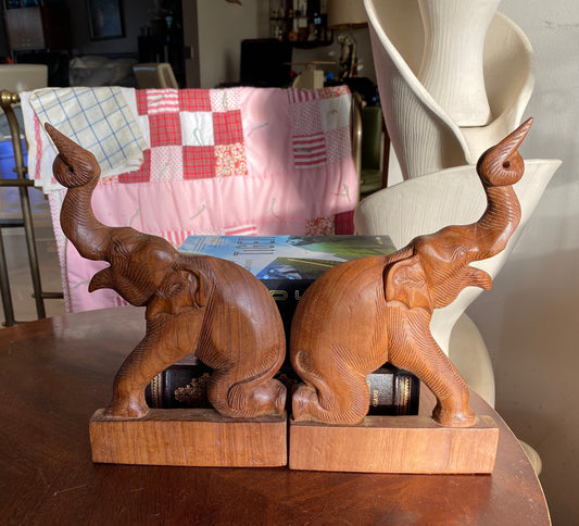 Elephant Bookends, Trunks Up, Hand Carved Wood Bookend, Vintage Elephant Figure, Boho, Mid Century