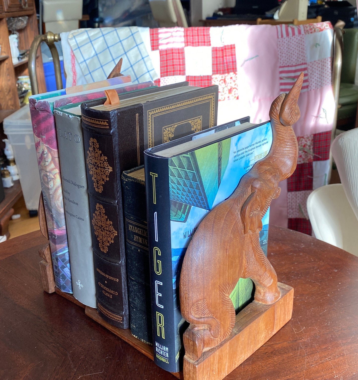 Elephant Bookends, Trunks Up, Hand Carved Wood Bookend, Vintage Elephant Figure, Boho, Mid Century