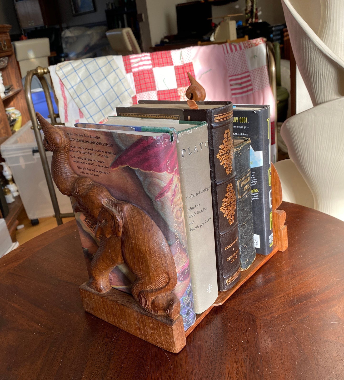 Elephant Bookends, Trunks Up, Hand Carved Wood Bookend, Vintage Elephant Figure, Boho, Mid Century